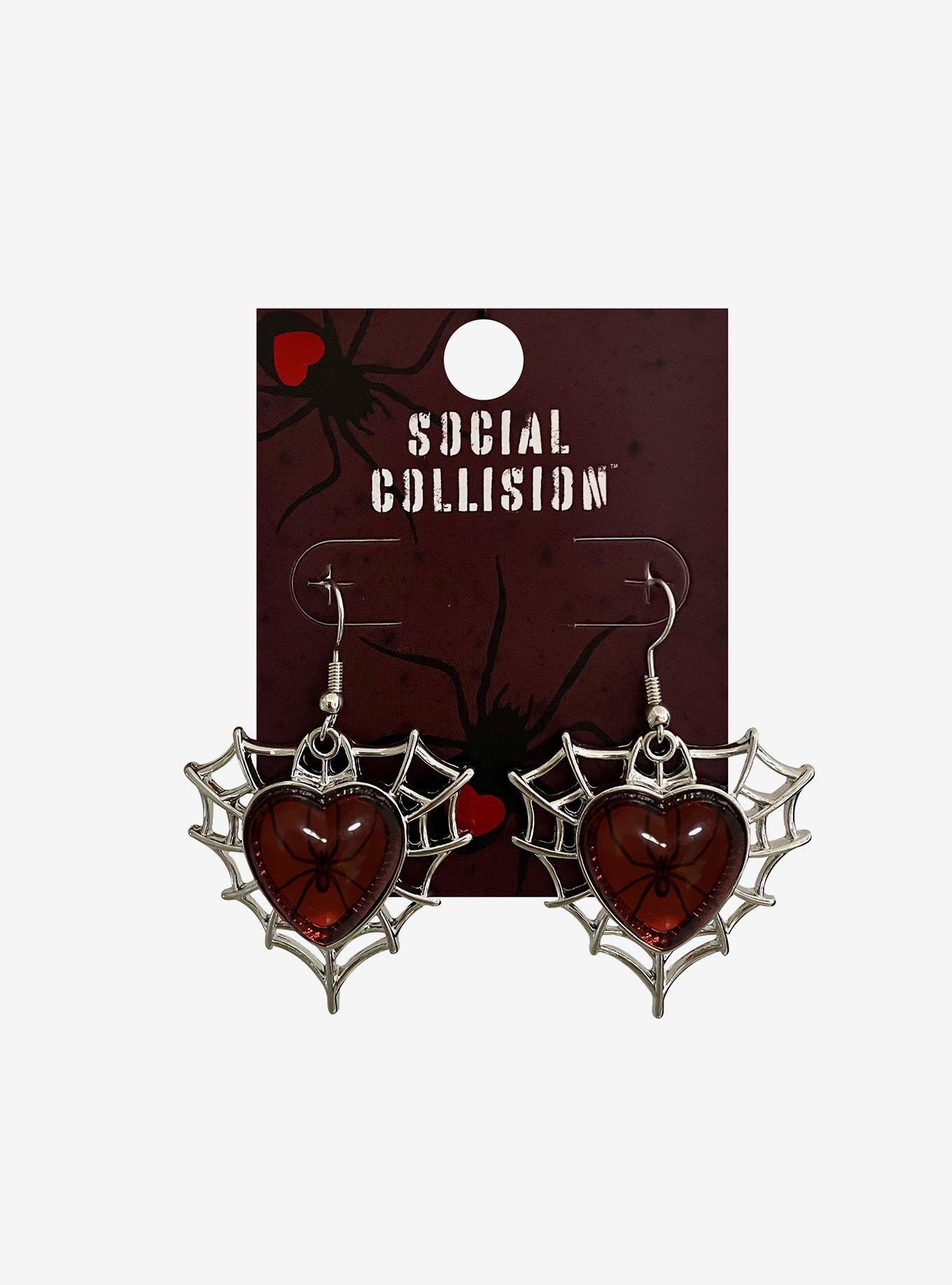 Social Collision Red Heart Spiderweb Earrings, , hi-res