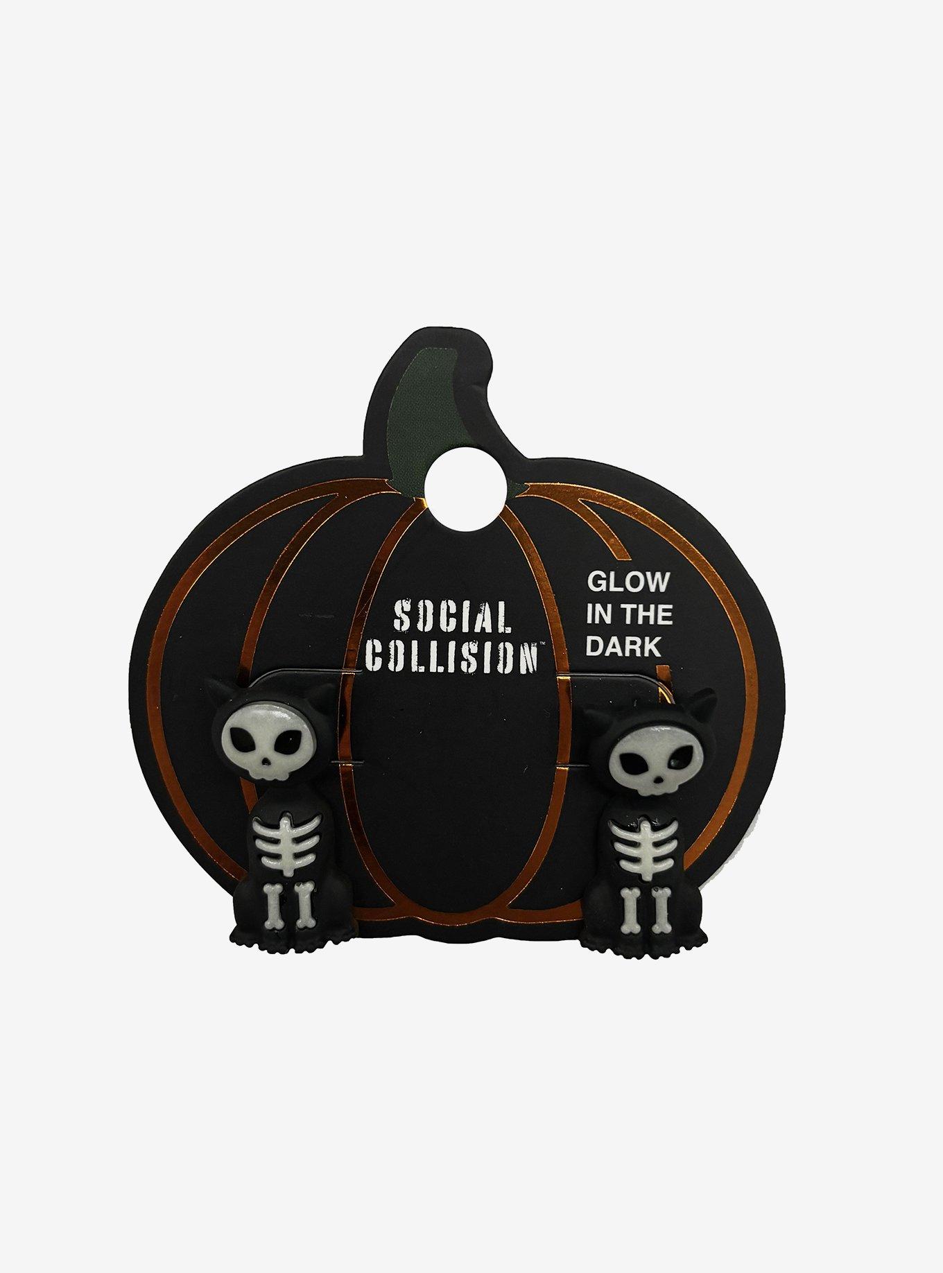 Social Collision Cat Skeleton Glow-In-The-Dark Front/Back Earrings, , hi-res