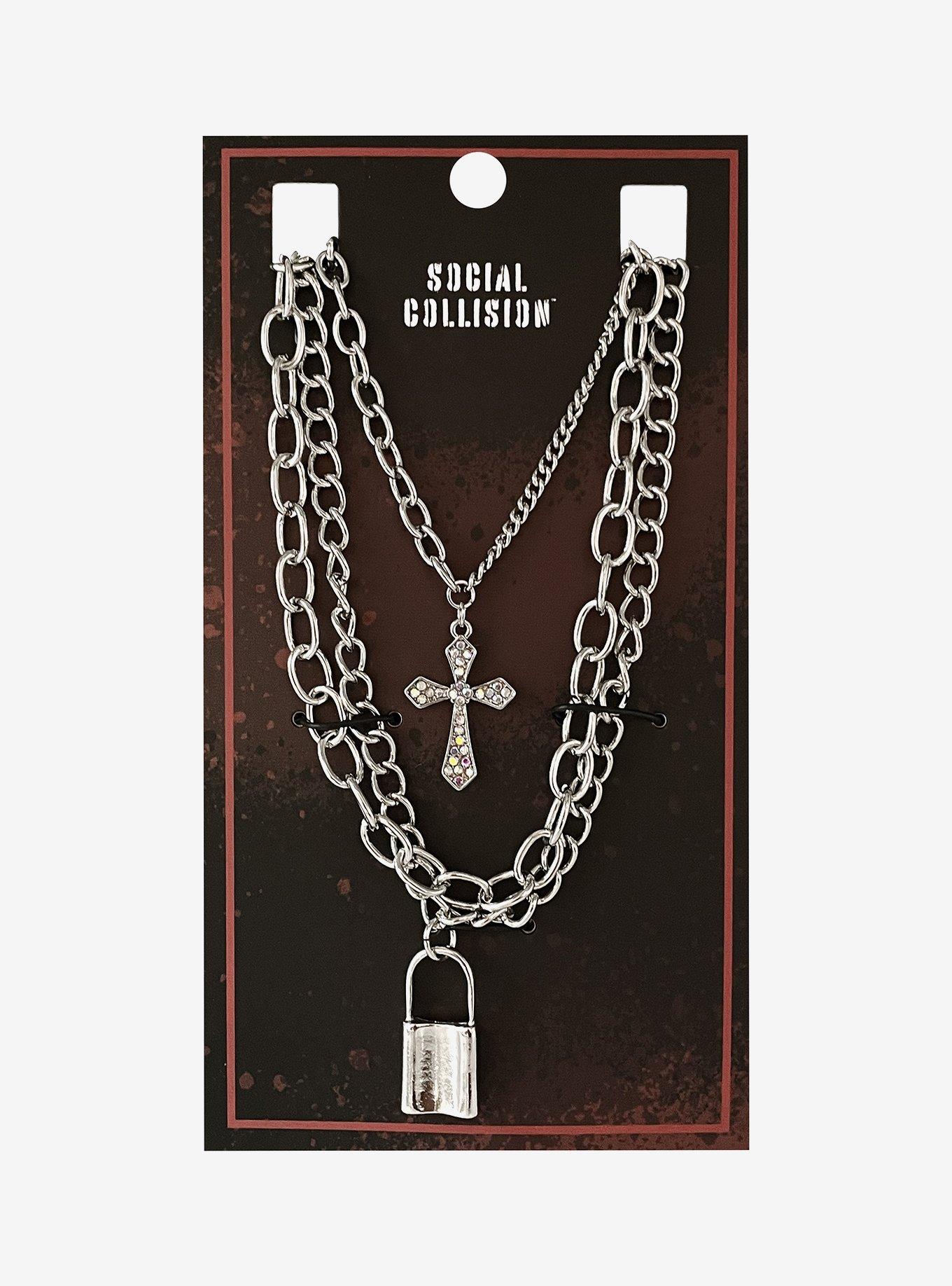 Social Collision Padlock Cross Chain Necklace, , hi-res