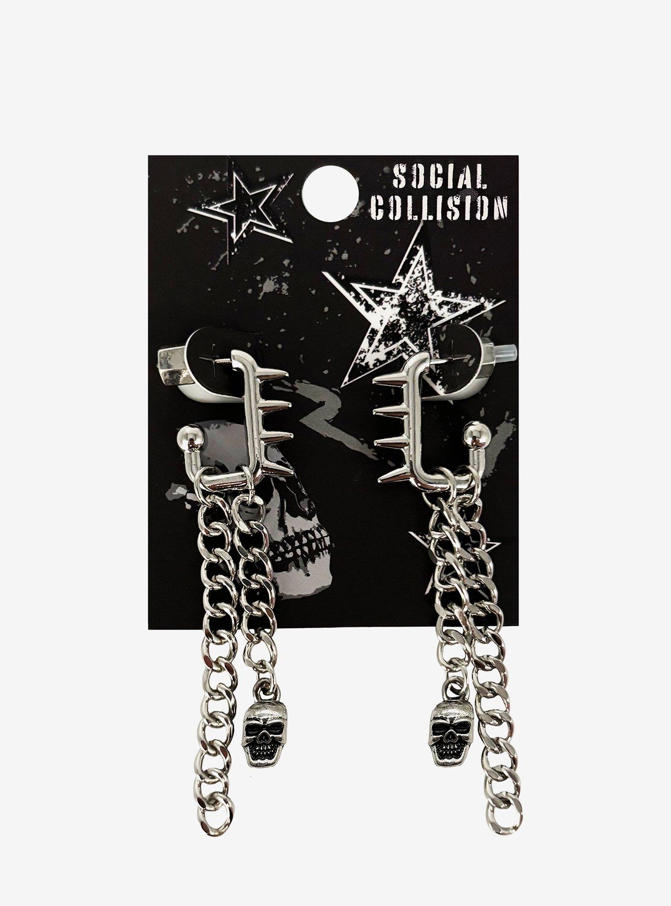 Social Collision Spikes & Skulls Chain Drop Earrings, , hi-res