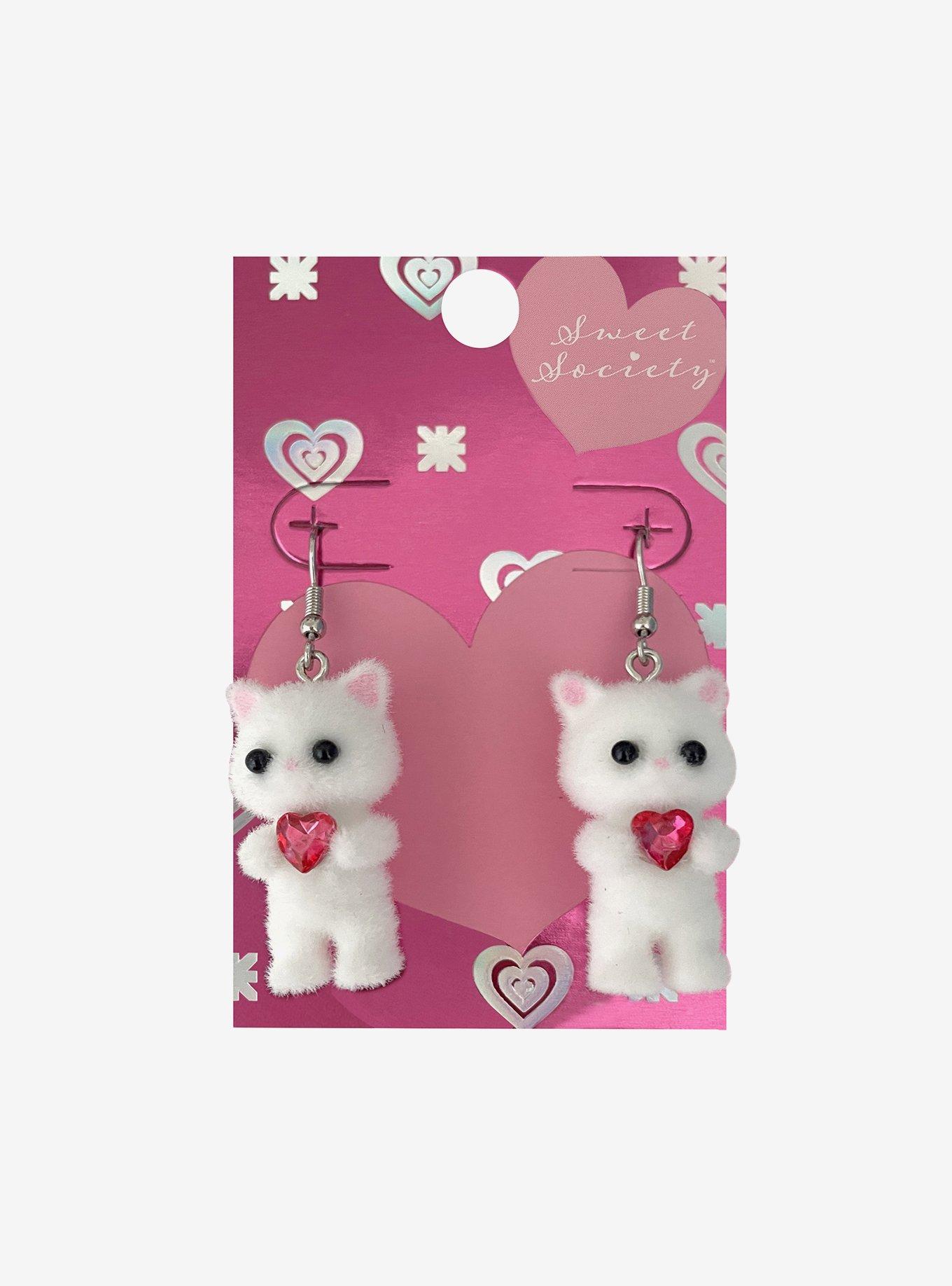 Sweet Society Fuzzy Cat Heart Gem Earrings, , hi-res