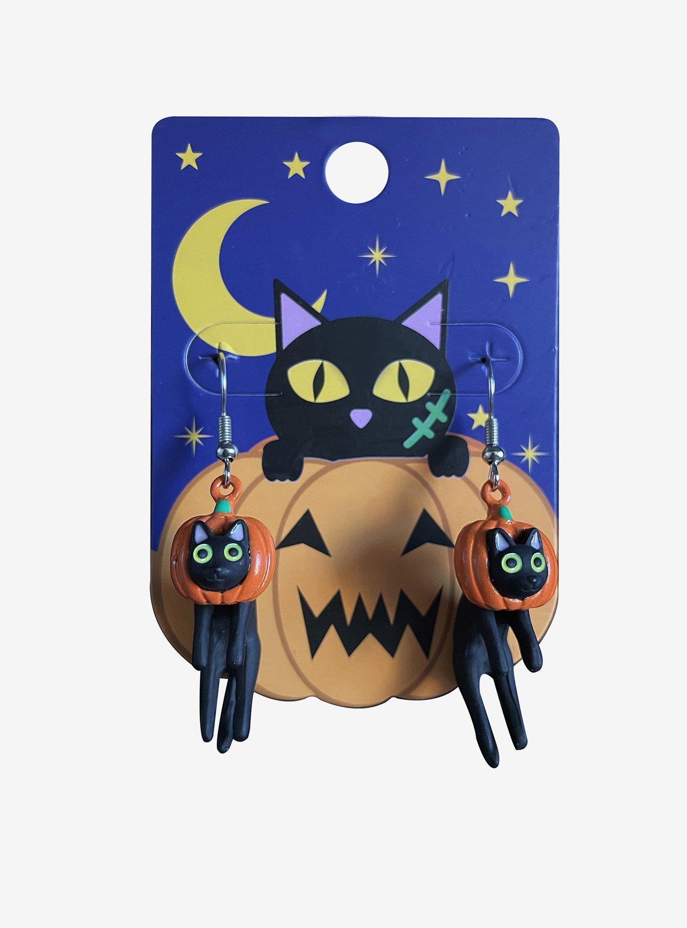 Black Cat Pumpkin Earrings, , hi-res