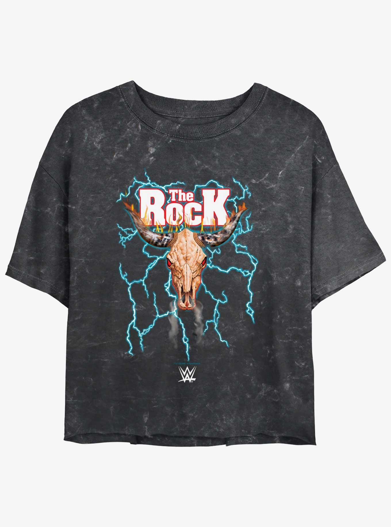 WWE The Rock Bull Skull Mineral Wash Womens Crop T-Shirt, BLACK, hi-res