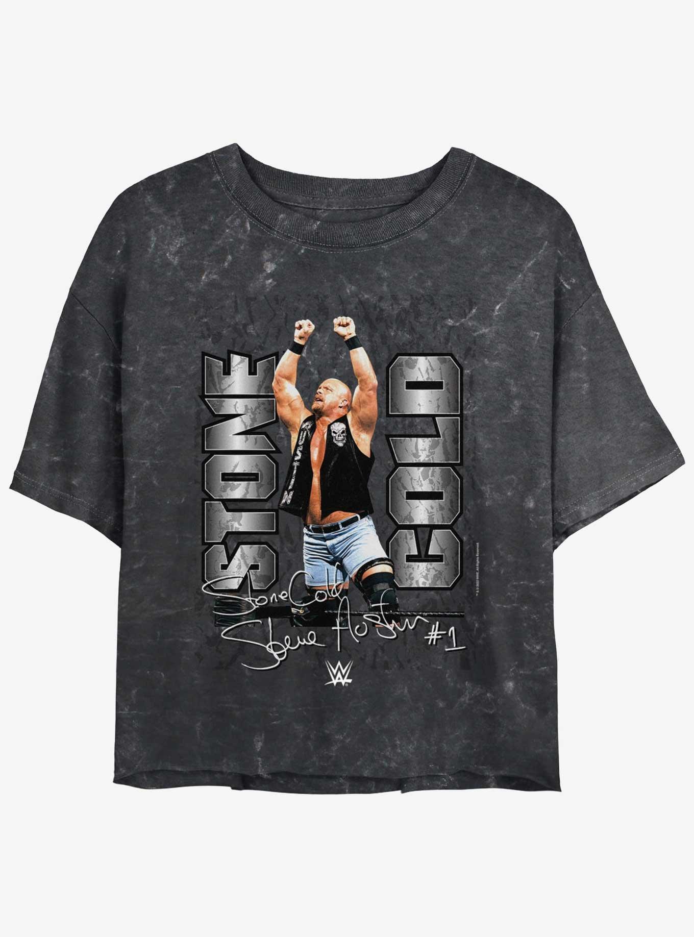 WWE Stone Cold Signature Mineral Wash Womens Crop T-Shirt, BLACK, hi-res