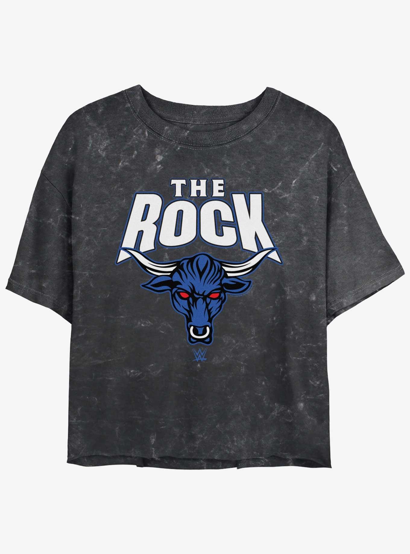 WWE The Rock Logo Mineral Wash Womens Crop T-Shirt, BLACK, hi-res