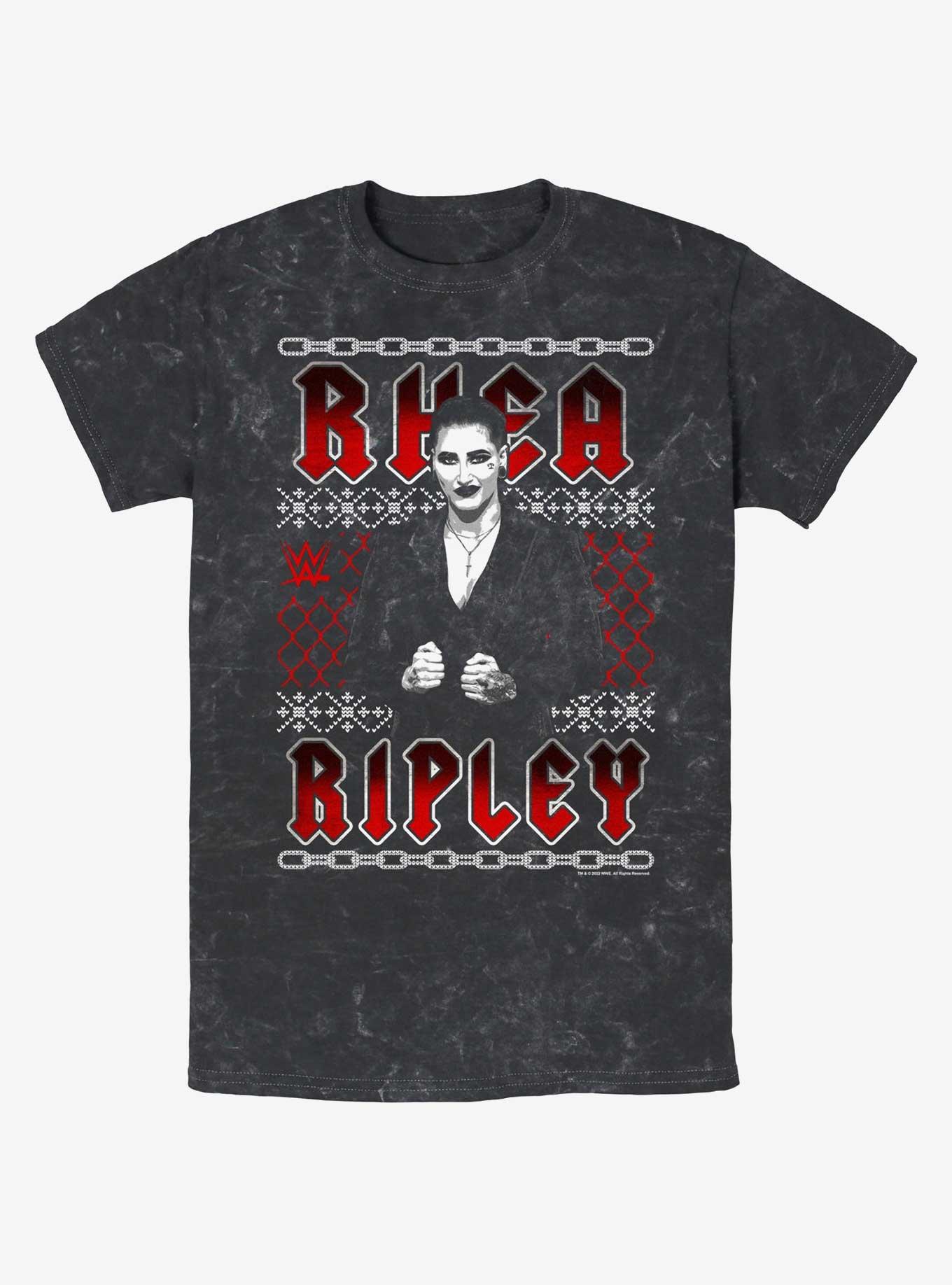 WWE Rhea Ripley Ugly Sweater Pattern Mineral Wash T-Shirt, BLACK, hi-res