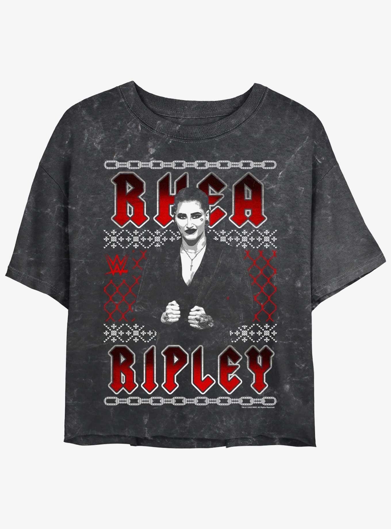 WWE Rhea Ripley Ugly Sweater Pattern Mineral Wash Womens Crop T-Shirt, BLACK, hi-res