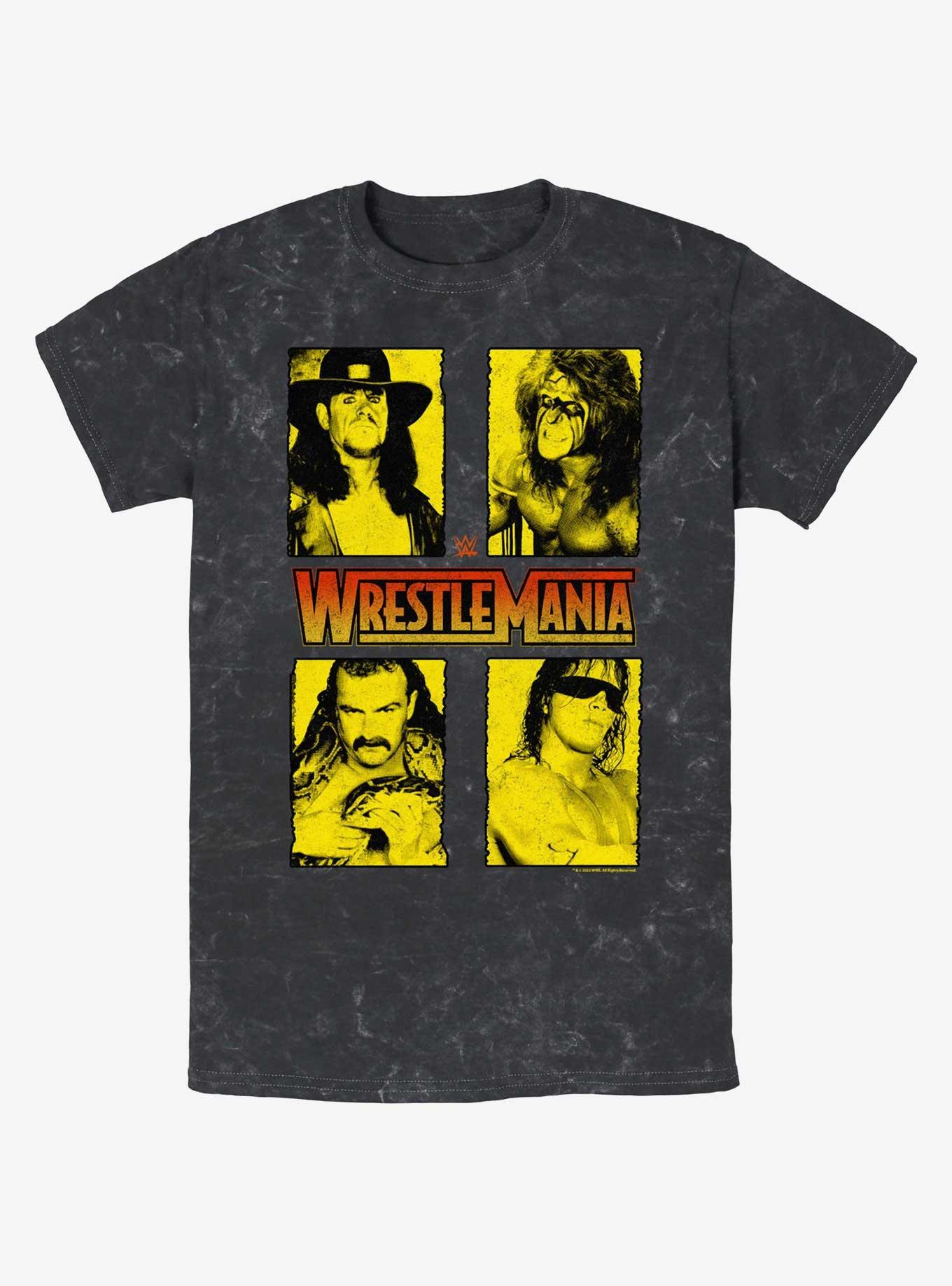 WWE WrestleMania Legends The Undertaker Ultimate Warrior Jake Thee Snake and Bret Hart Mineral Wash T-Shirt, BLACK, hi-res