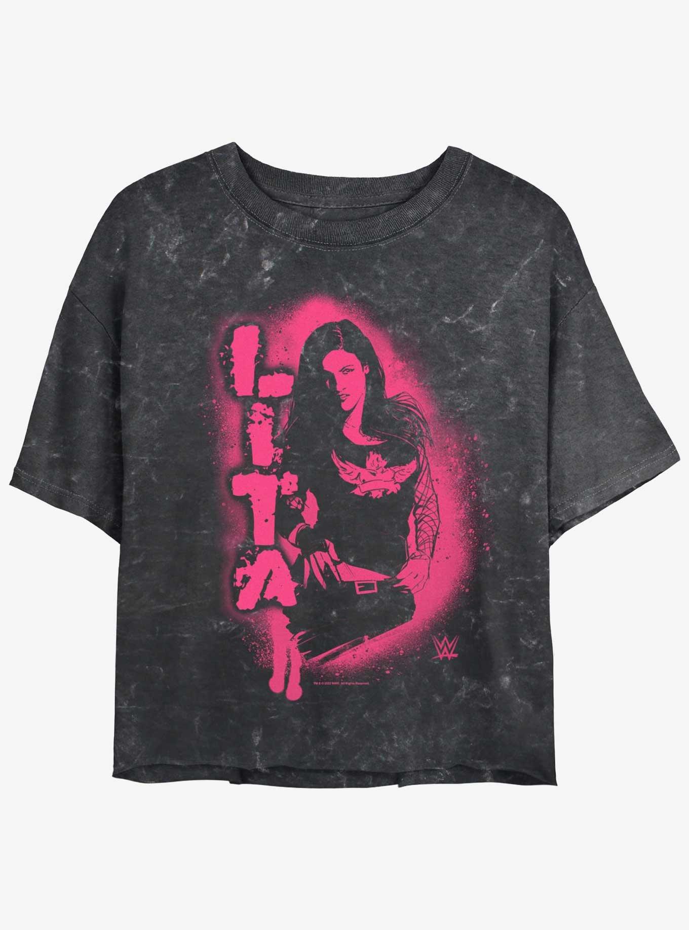 WWE Lita Stencil Portrait Mineral Wash Womens Crop T-Shirt, BLACK, hi-res