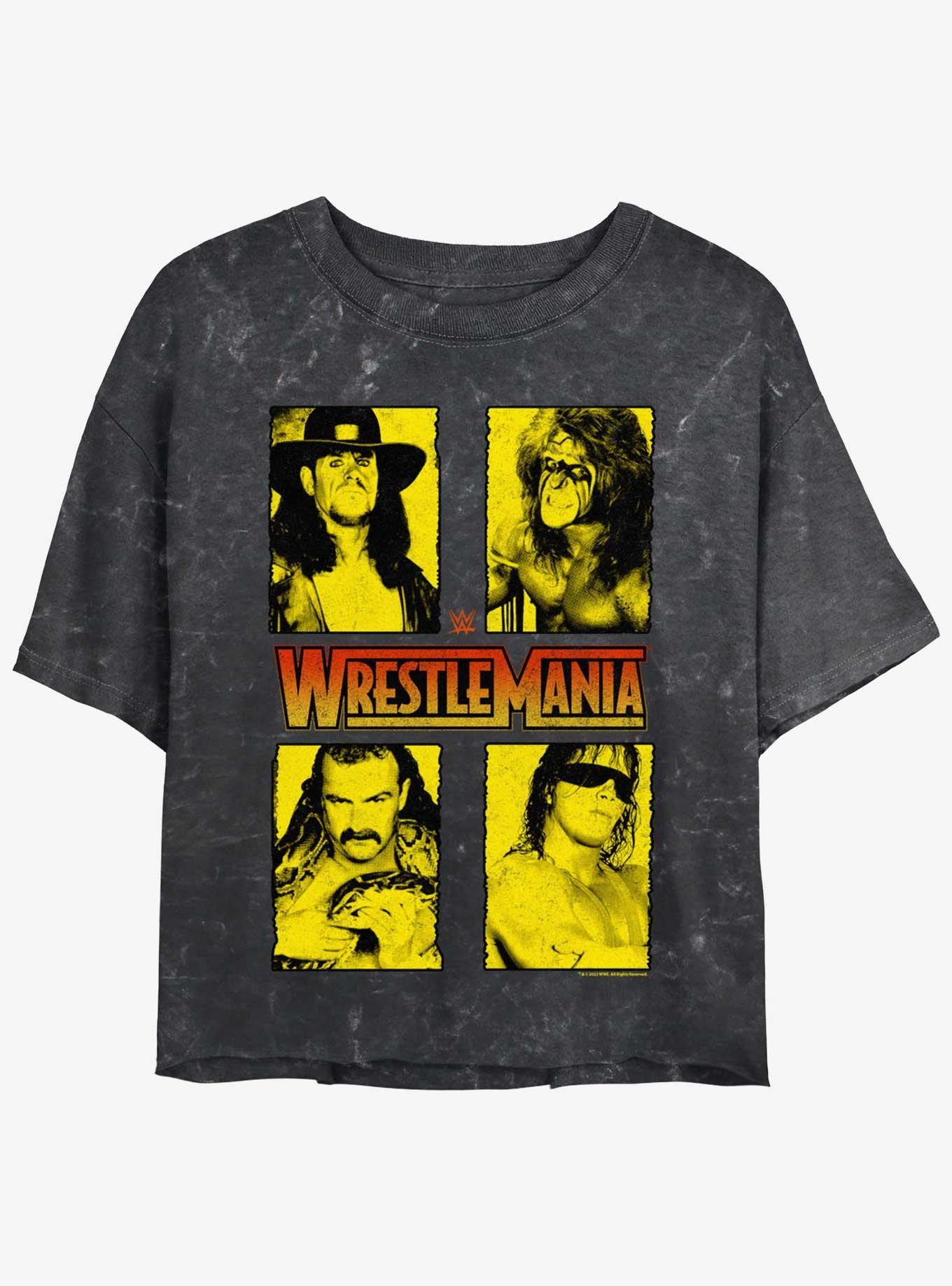 WWE WrestleMania Legends The Undertaker Ultimate Warrior Jake Thee Snake and Bret Hart Mineral Wash Womens Crop T-Shirt