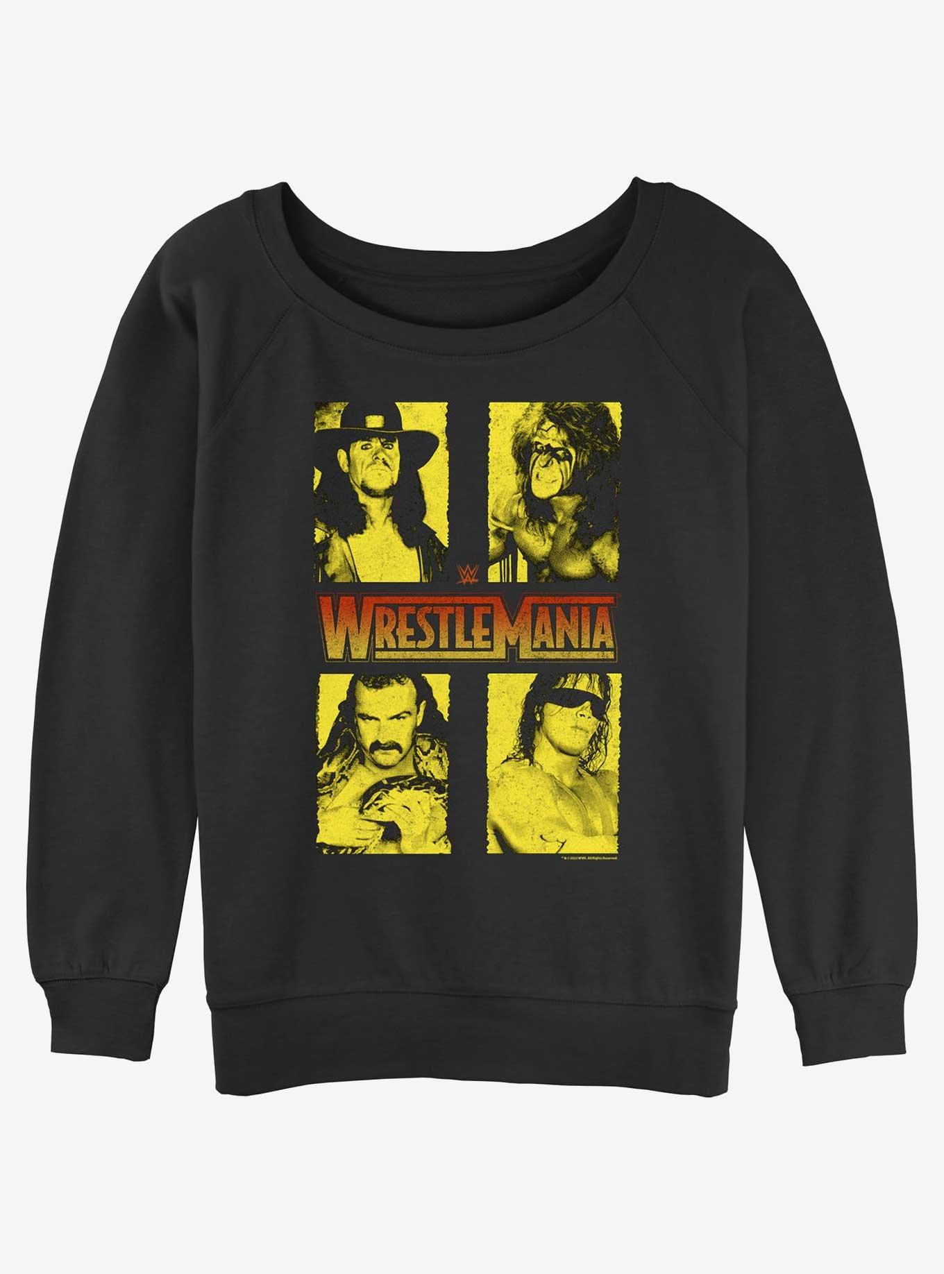 WWE WrestleMania Legends The Undertaker Ultimate Warrior Jake Thee Snake and Bret Hart Womens Slouchy Sweatshirt, , hi-res