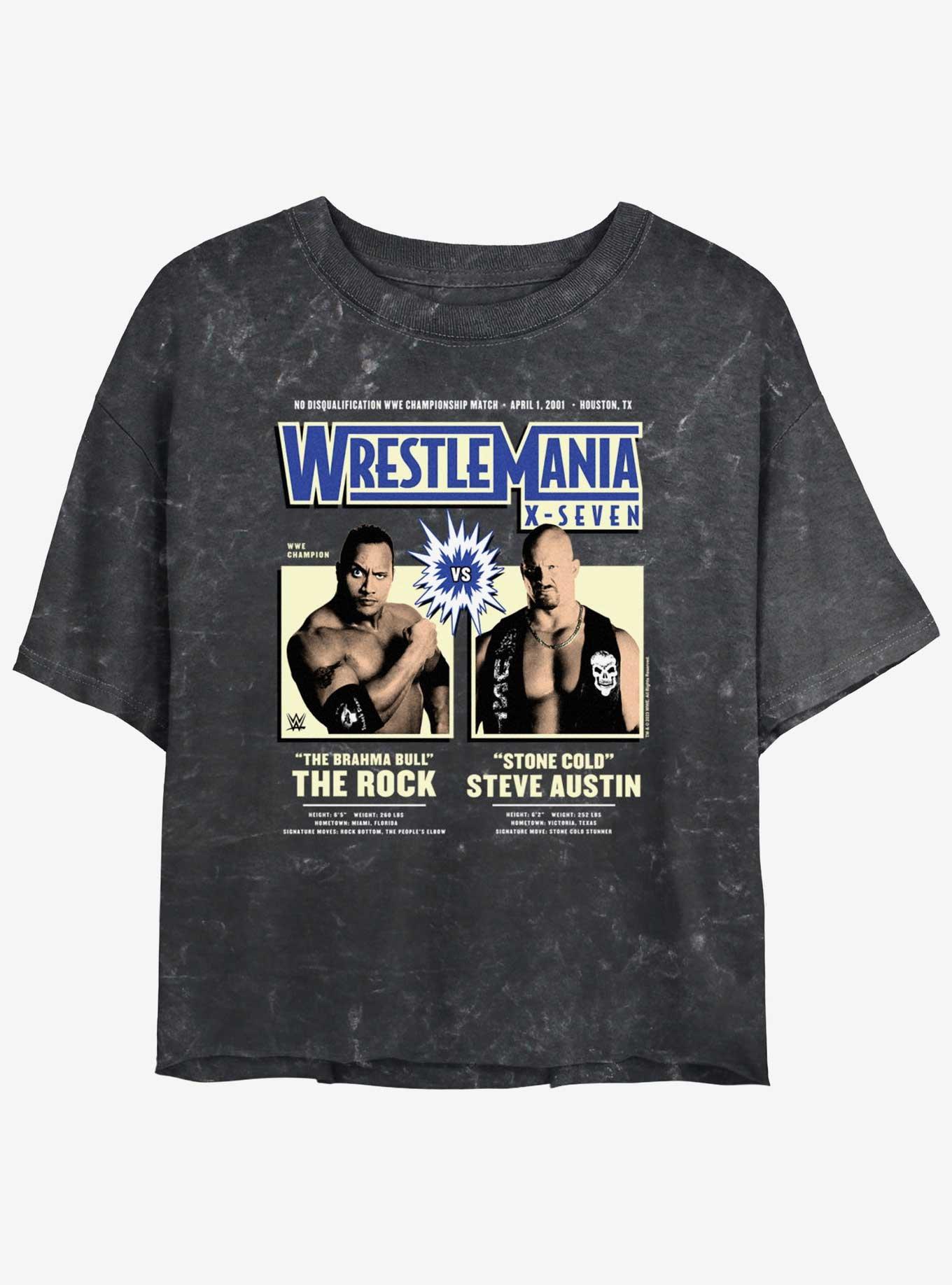 WWE WrestleMania X7 The Rock Vs Steve Austin Mineral Wash Womens Crop T-Shirt, BLACK, hi-res