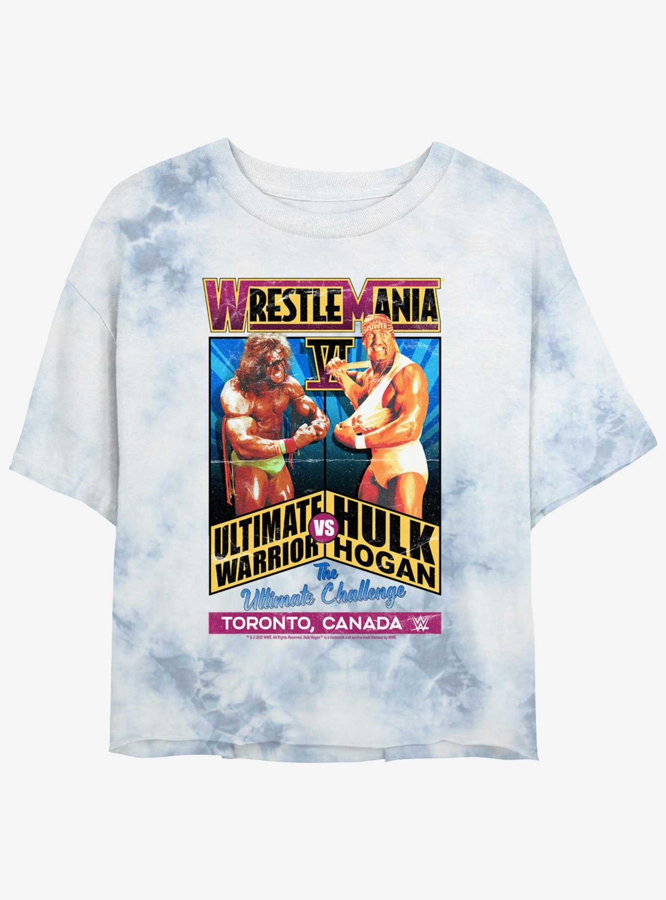 WWE WrestleMania 6 The Ultimate Challenge Ultimate Warrior Vs. Hulk Hogan Tie Dye Crop Girls T-Shirt, WHITEBLUE, hi-res