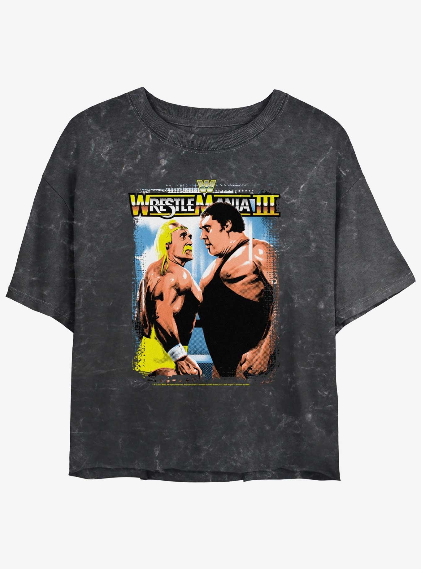 WWE RetroMania Hulk Hogan vs Andre The Giant Mineral Wash Womens Crop T-Shirt, BLACK, hi-res