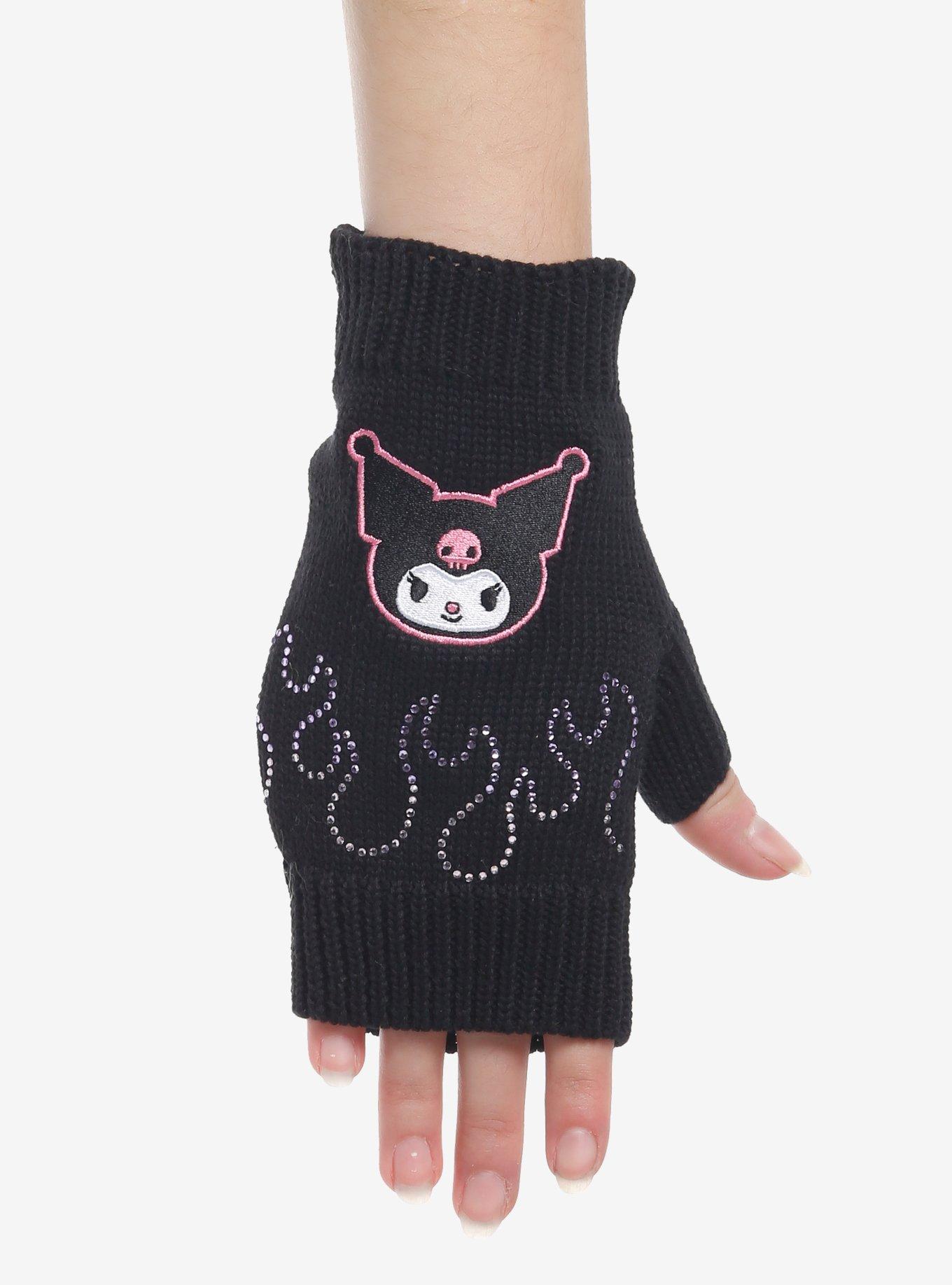 Kuromi Rhinestone Flames Fingerless Gloves, , hi-res