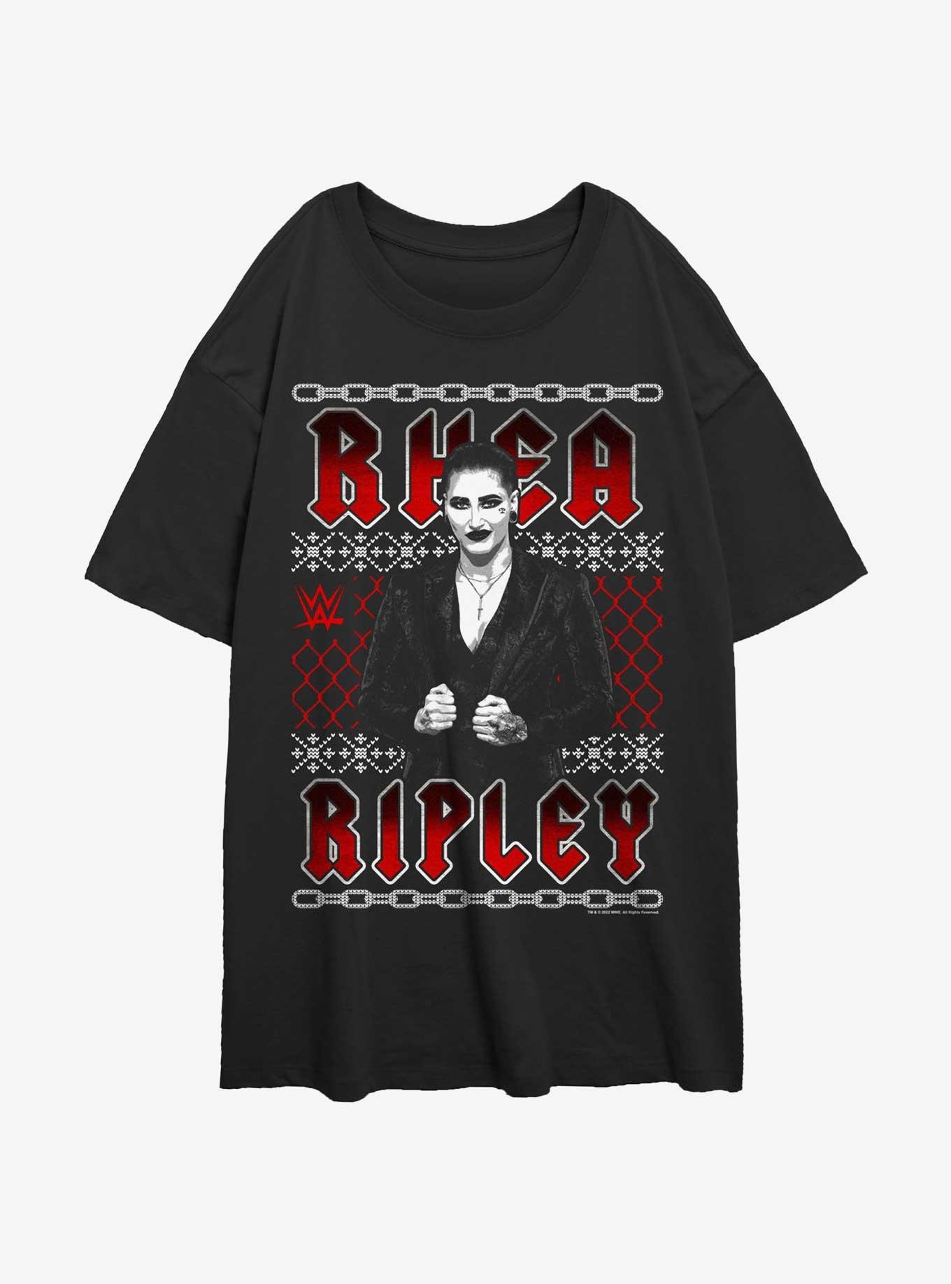 WWE Rhea Ripley Ugly Sweater Pattern Womens Oversized T-Shirt, BLACK, hi-res
