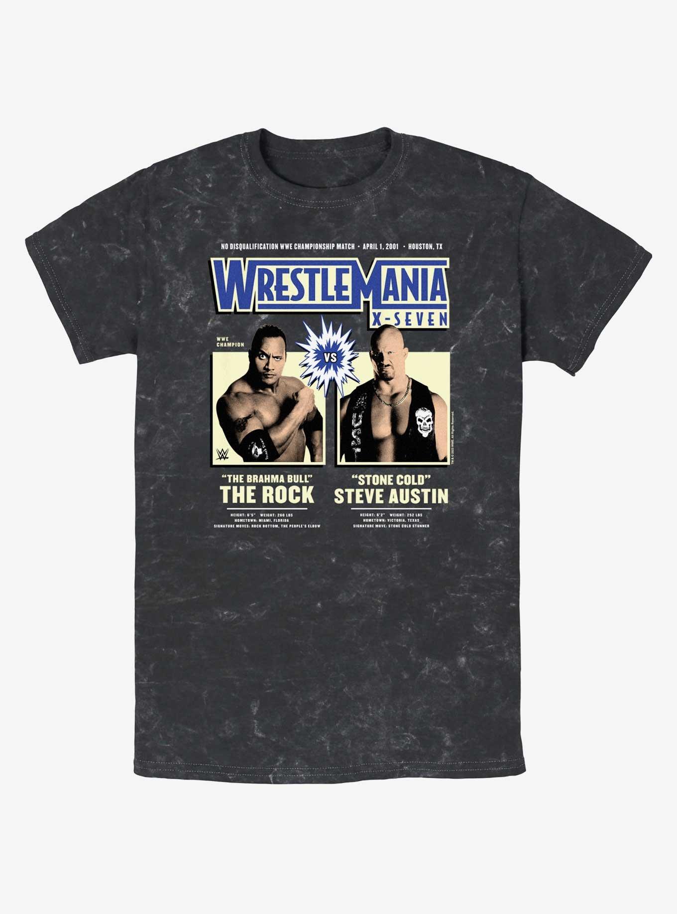 WWE WrestleMania X7 The Rock Vs Steve Austin Mineral Wash T-Shirt, BLACK, hi-res