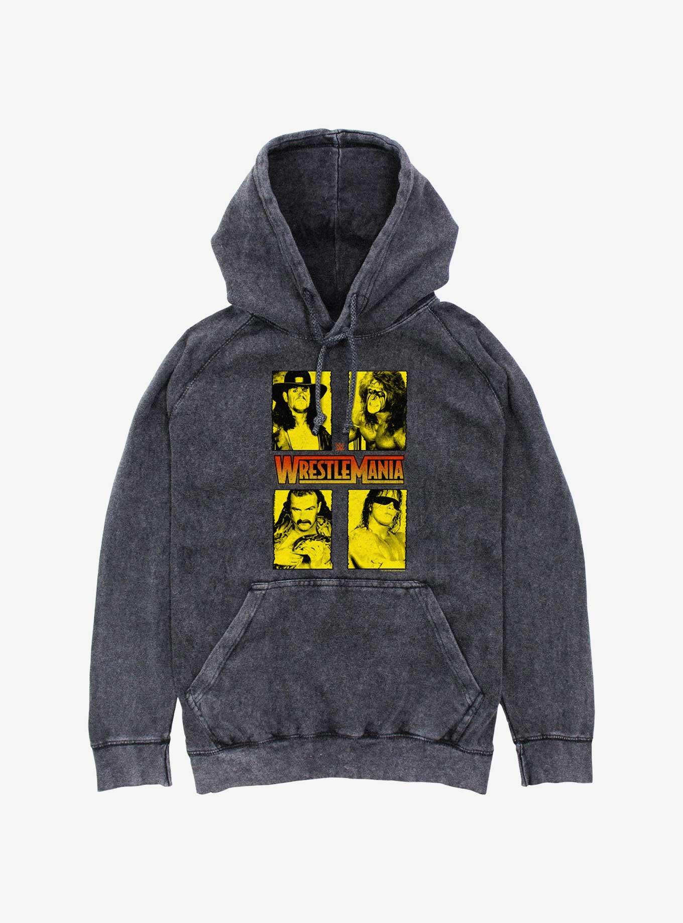 WWE WrestleMania Legends The Undertaker Ultimate Warrior Jake Thee Snake and Bret Hart Mineral Wash Hoodie, BLACK, hi-res