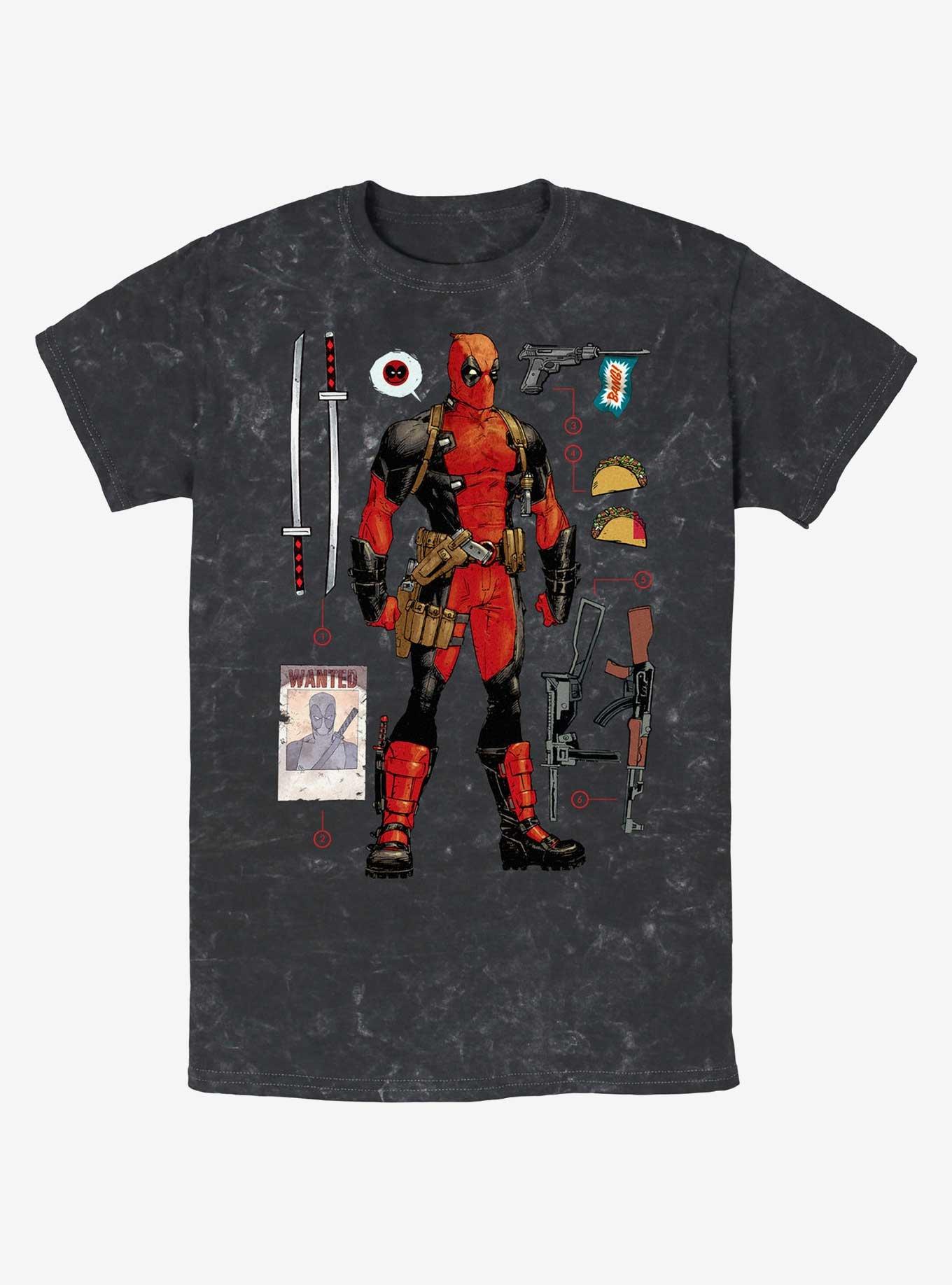 Marvel Deadpool Mercenary Items Mineral Wash T-Shirt, BLACK, hi-res