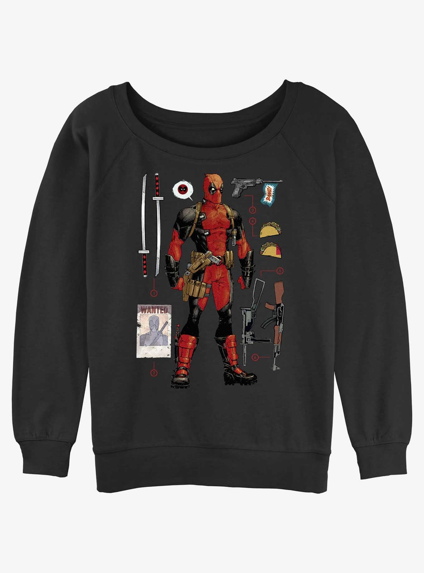 Marvel Deadpool Mercenary Items Womens Slouchy Sweatshirt, BLACK, hi-res