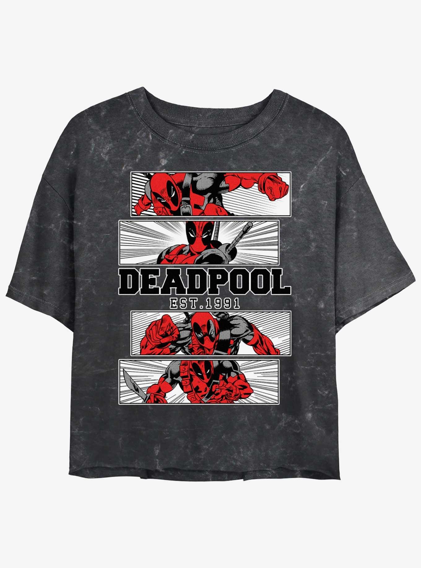 Marvel Deadpool Action Panels Womens Mineral Wash Crop T-Shirt, BLACK, hi-res