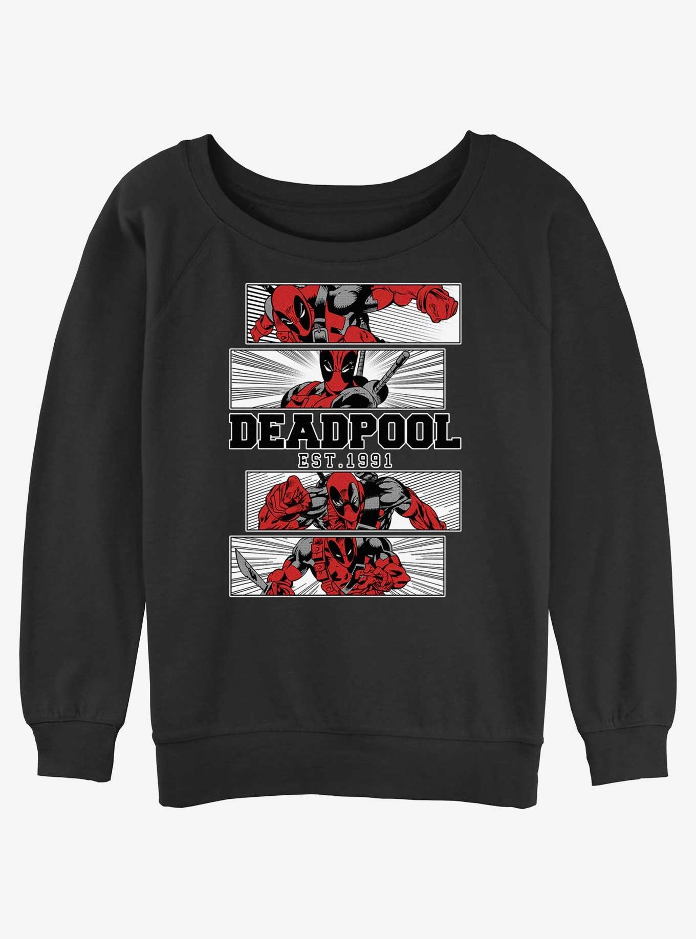 Marvel Deadpool Action Panels Womens Slouchy Sweatshirt, BLACK, hi-res