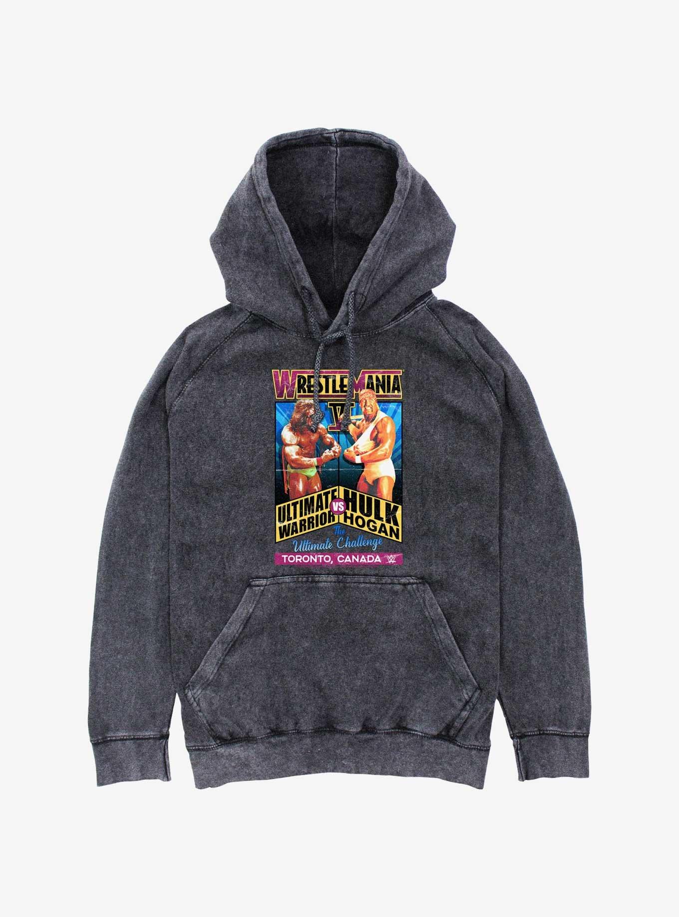 WWE WrestleMania 6 The Ultimate Challenge Ultimate Warrior Vs. Hulk Hogan Mineral Wash Hoodie, BLACK, hi-res