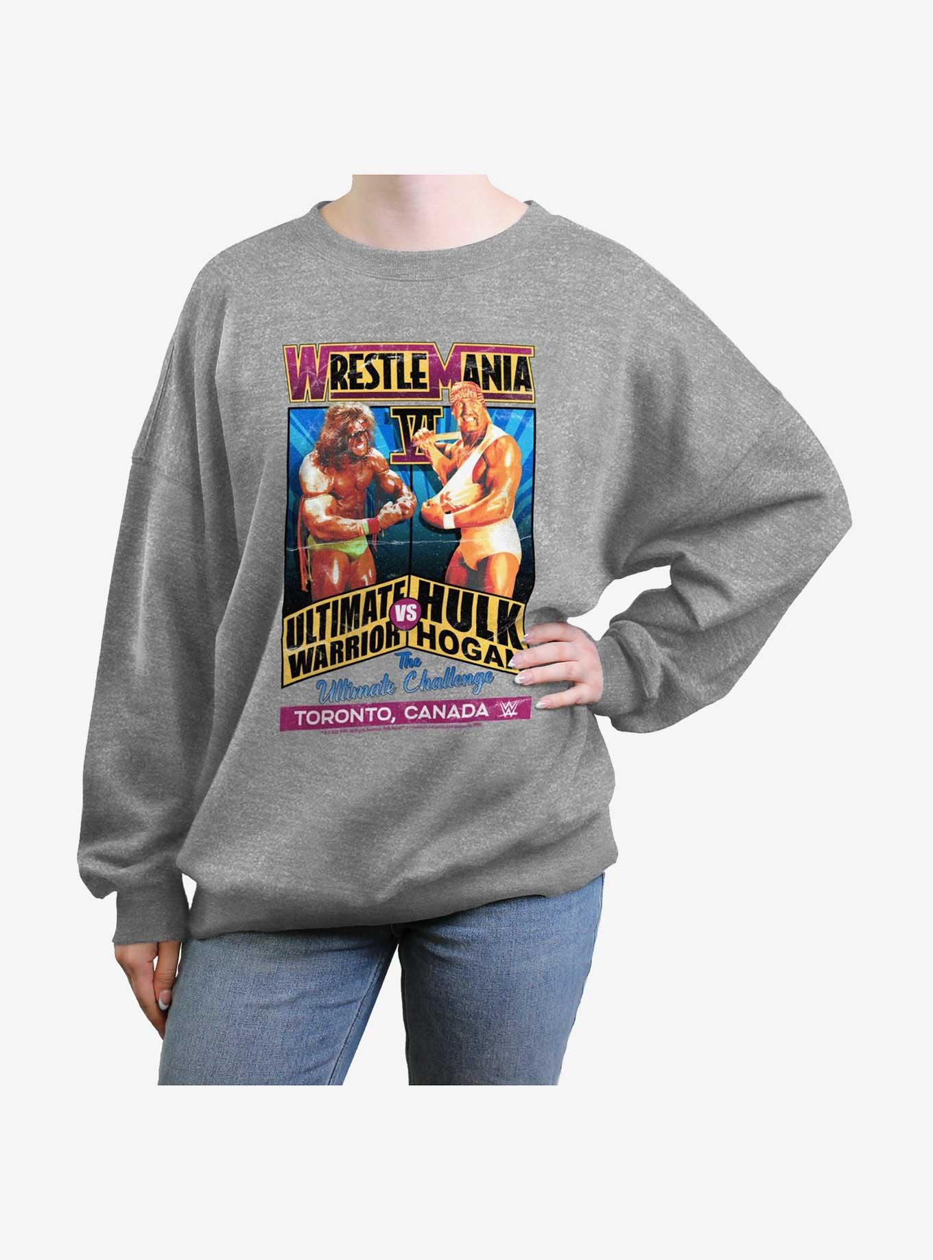 WWE WrestleMania 6 The Ultimate Challenge Ultimate Warrior Vs. Hulk Hogan Womens Oversized Sweatshirt, HEATHER GR, hi-res