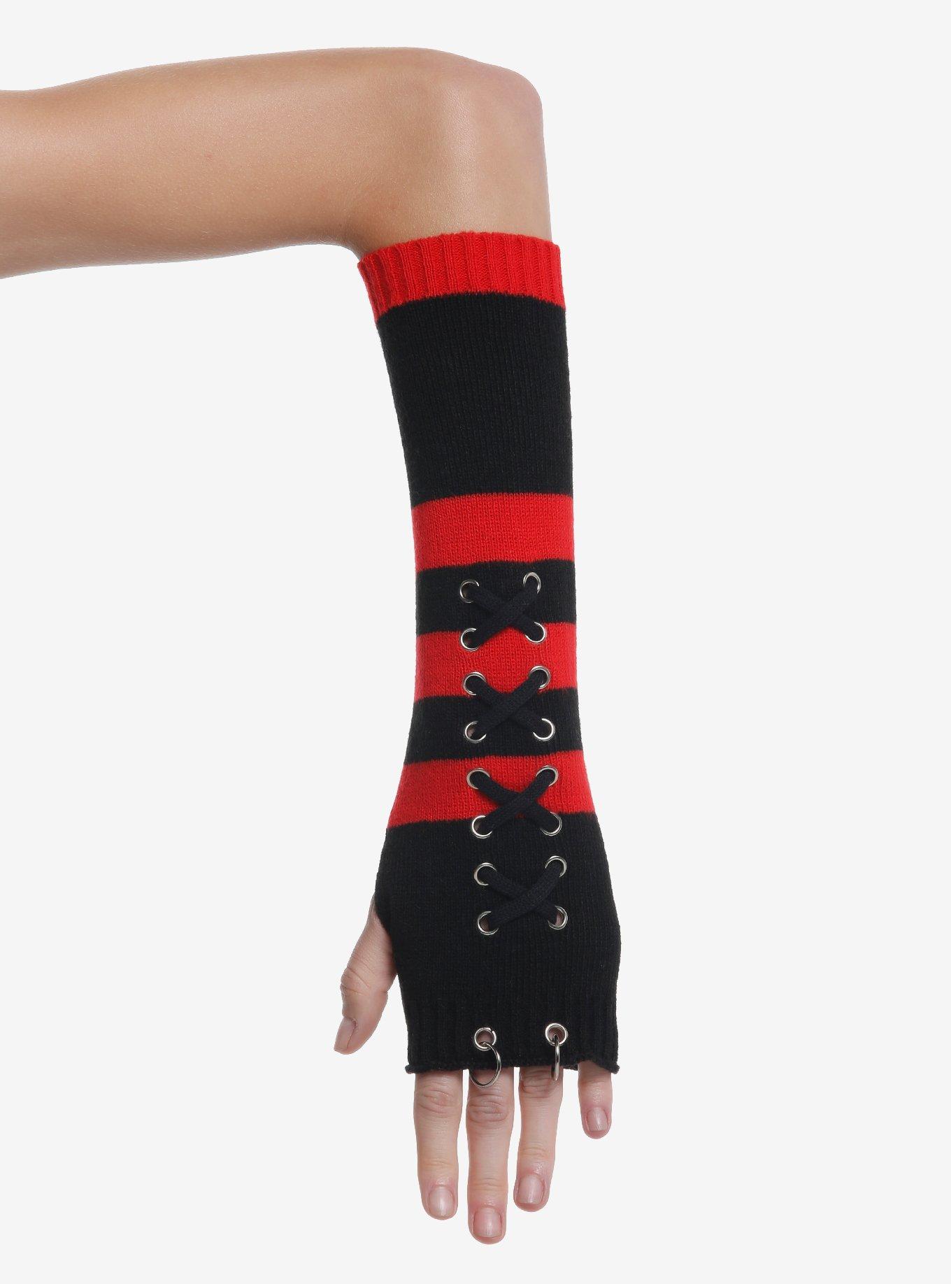 Red & Black Stripe Crisscross Arm Warmers, , hi-res