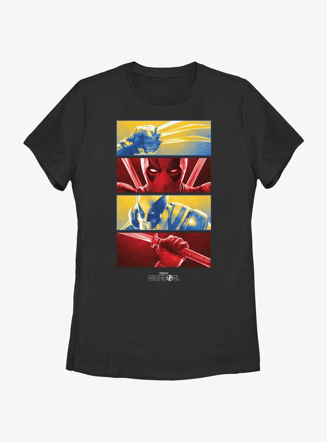 Marvel Deadpool & Wolverine Battle Sequence Panels Womens T-Shirt, BLACK, hi-res