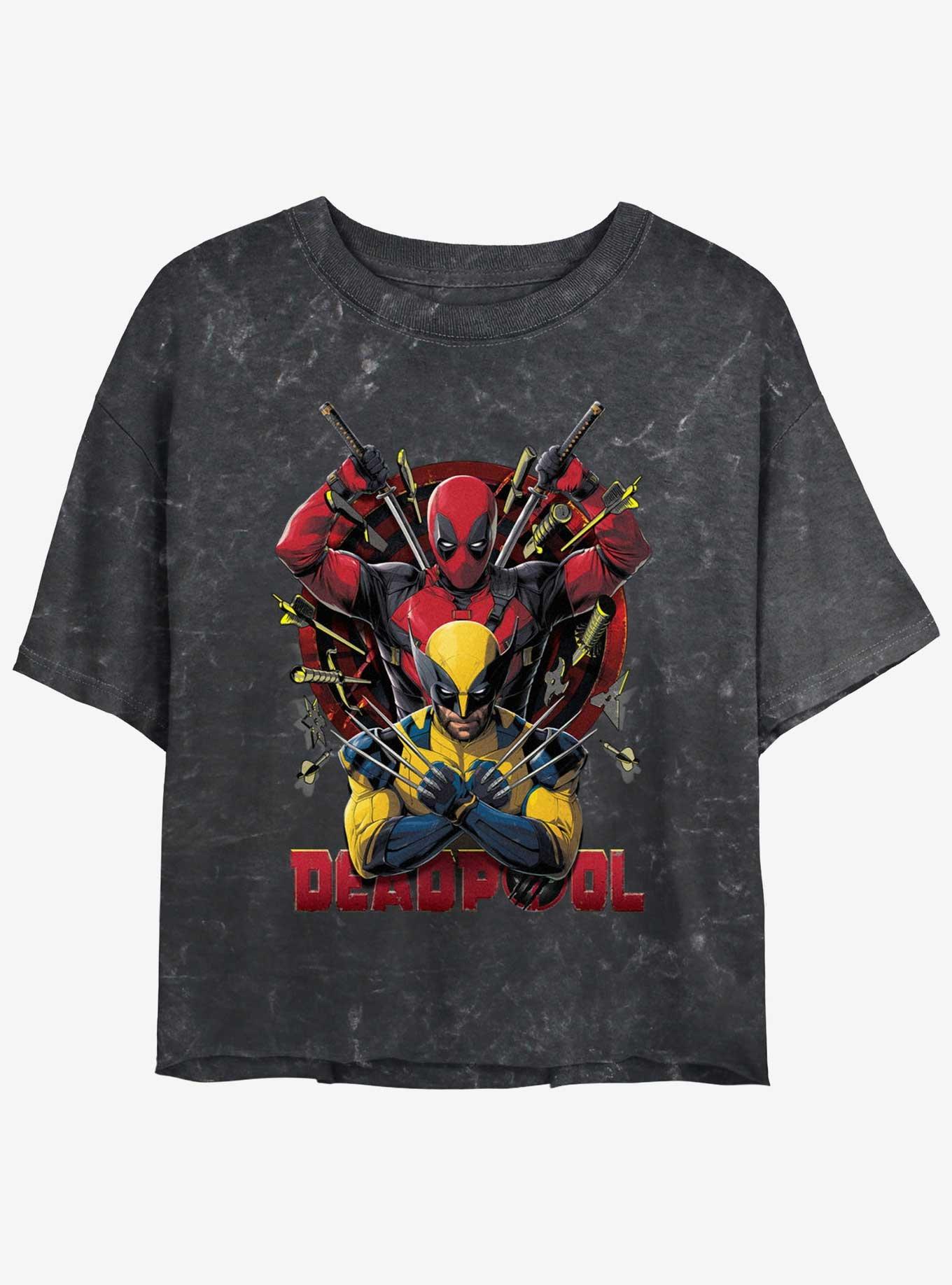 Marvel Deadpool & Wolverine Out Of Danger Womens Mineral Wash Crop T-Shirt, BLACK, hi-res