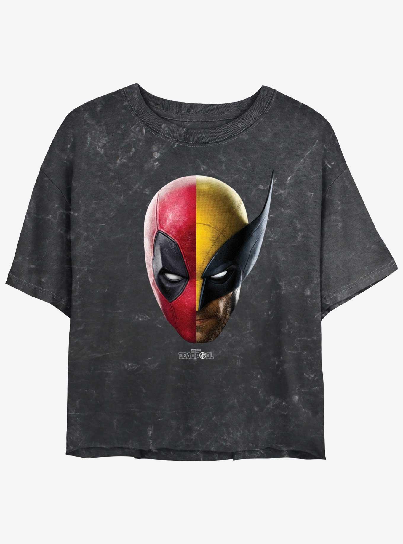 Marvel Deadpool & Wolverine Half Half Portrait Womens Mineral Wash Crop T-Shirt, BLACK, hi-res