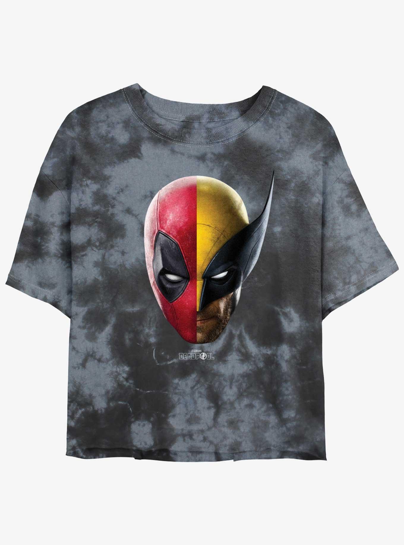 Marvel Deadpool & Wolverine Half Half Portrait Womens Tie-Dye Crop T-Shirt, BLKCHAR, hi-res