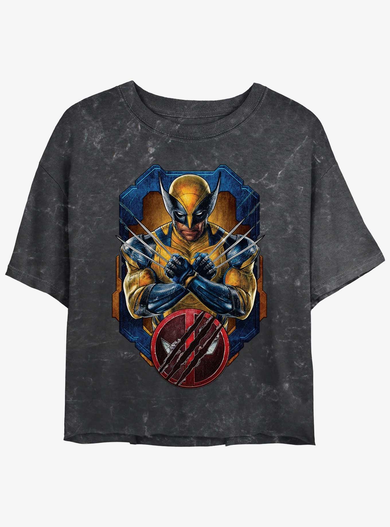 Marvel Deadpool & Wolverine Wolverine Pose Badge Womens Mineral Wash Crop T-Shirt, BLACK, hi-res