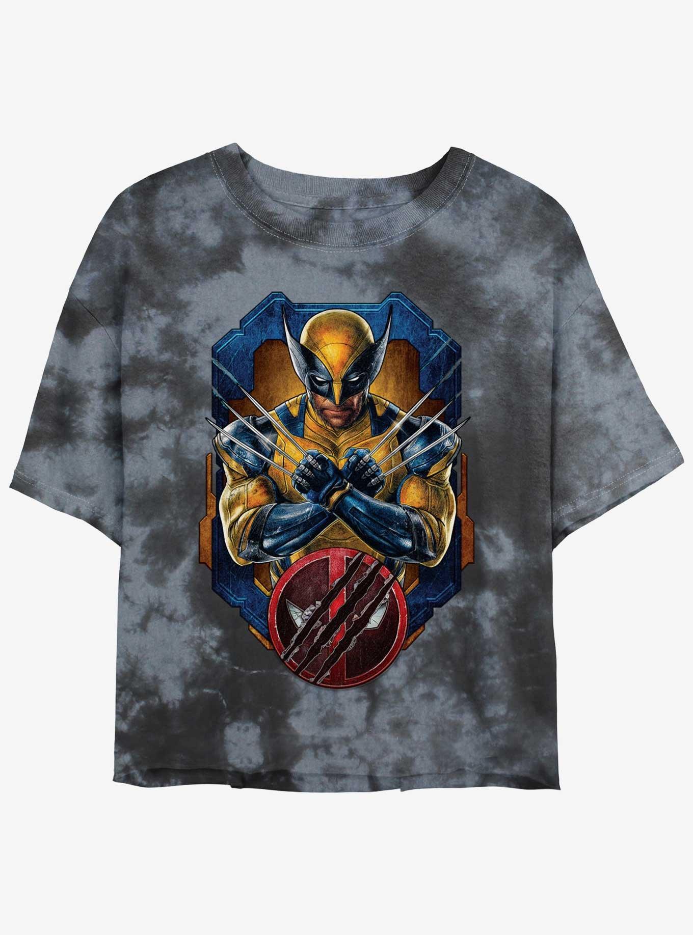 Marvel Deadpool & Wolverine Wolverine Pose Badge Womens Tie-Dye Crop T-Shirt, BLKCHAR, hi-res