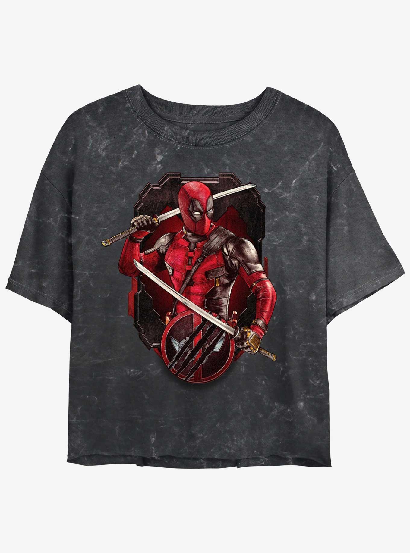 Marvel Deadpool & Wolverine Deadpool Pose Badge Womens Mineral Wash Crop T-Shirt, BLACK, hi-res
