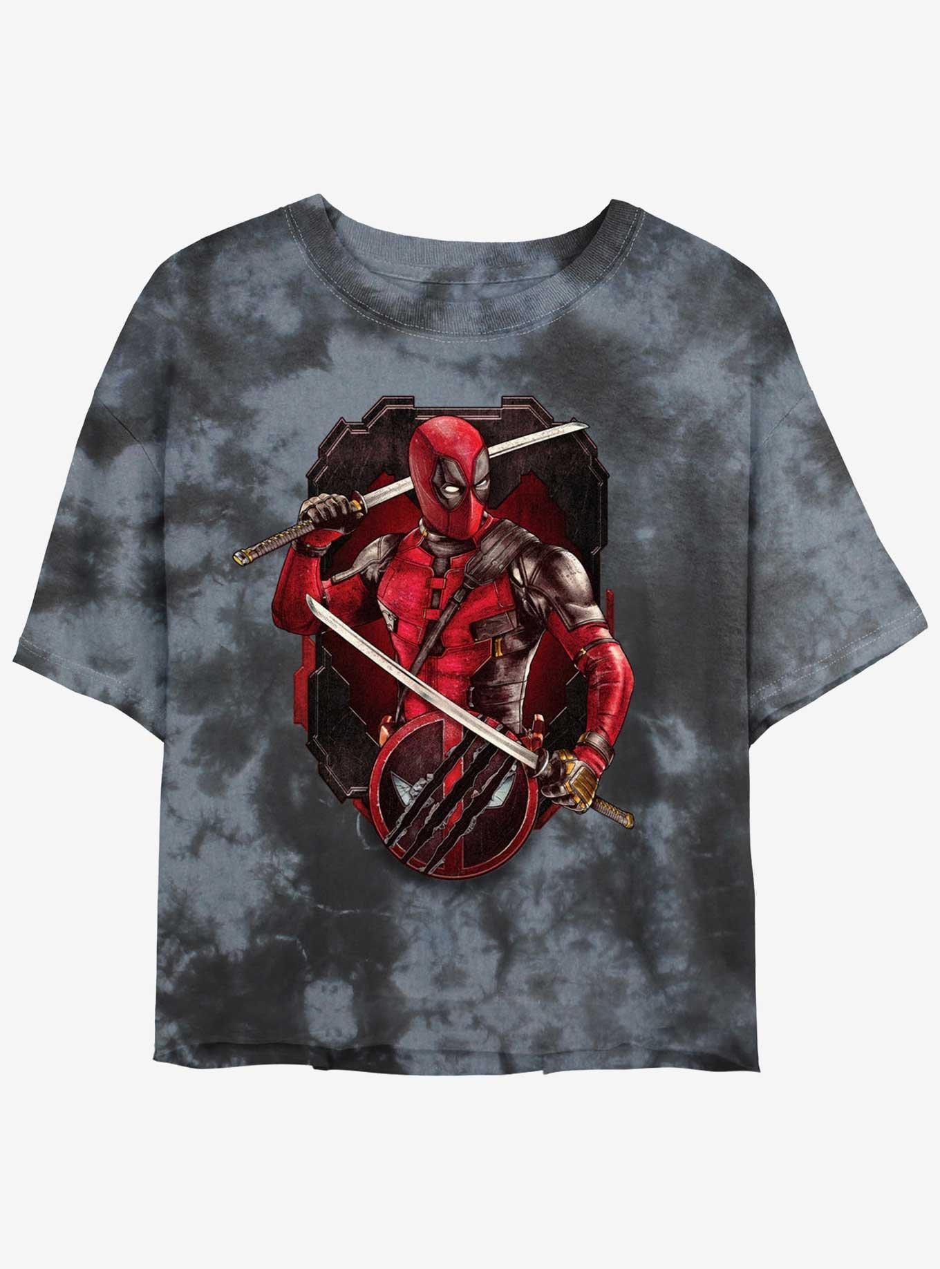 Marvel Deadpool & Wolverine Deadpool Pose Badge Womens Tie-Dye Crop T-Shirt, BLKCHAR, hi-res