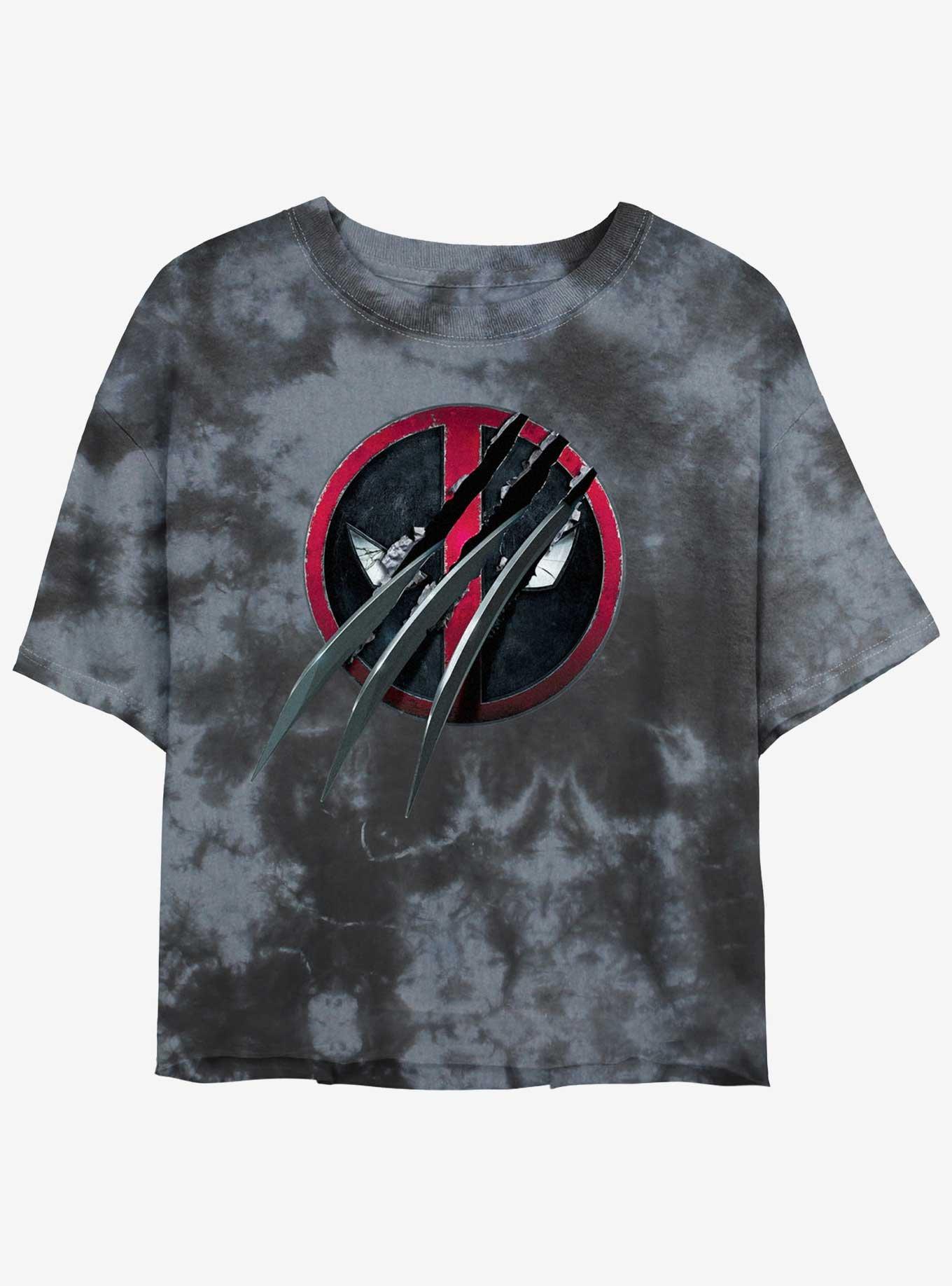 Marvel Deadpool & Wolverine Clawed Pool Womens Tie-Dye Crop T-Shirt, BLKCHAR, hi-res view 1