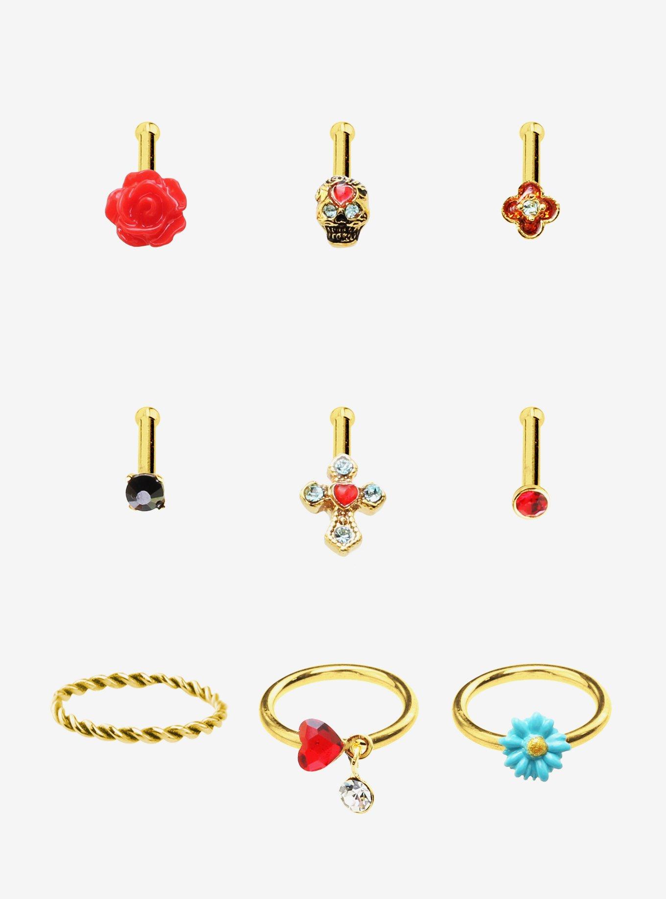 Steel Sugar Skull Rose Cross Nose Stud & Hoop 9 Pack, , hi-res
