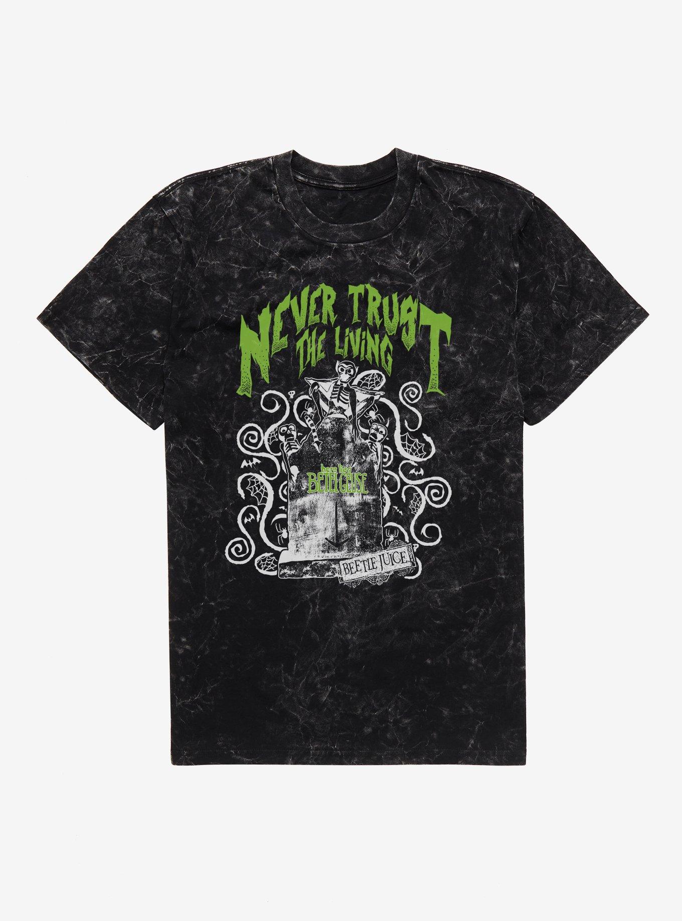 Beetlejuice Never Trust The Living Mineral Wash T-Shirt, BLACK MINERAL WASH, hi-res