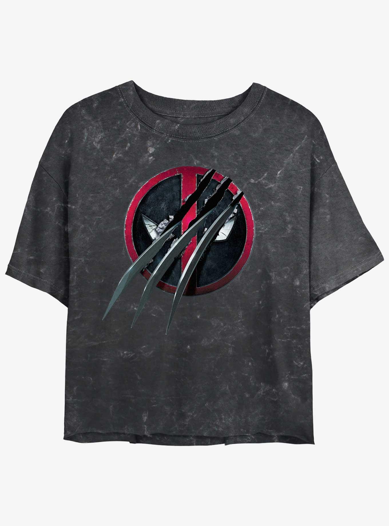 Marvel Deadpool & Wolverine Clawed Pool Girls Mineral Wash Crop T-Shirt, BLACK, hi-res
