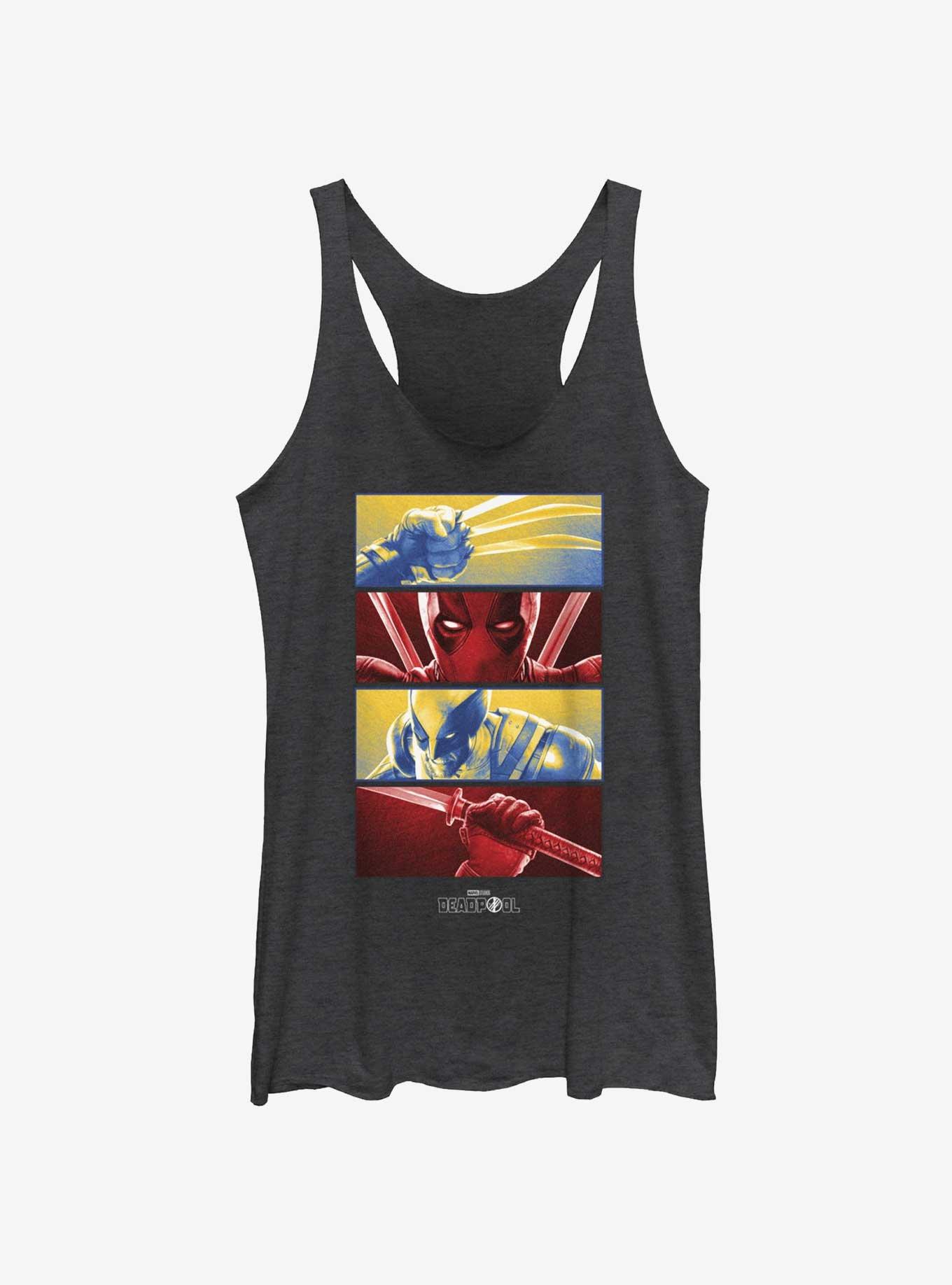 Marvel Deadpool & Wolverine Battle Sequence Panels Womens Tank Top, BLK HTR, hi-res