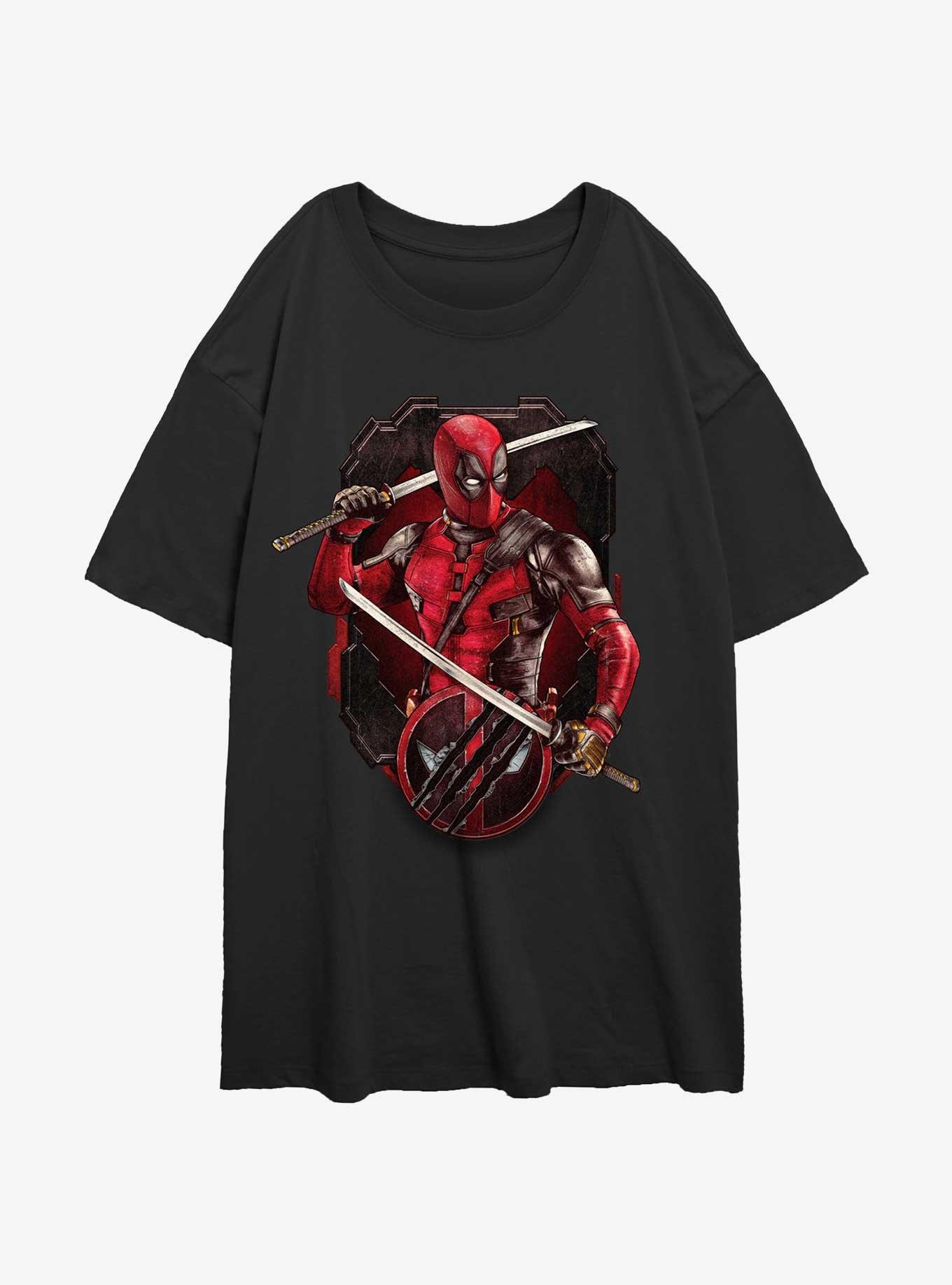 Marvel Deadpool & Wolverine Deadpool Pose Badge Womens Oversized T-Shirt, BLACK, hi-res