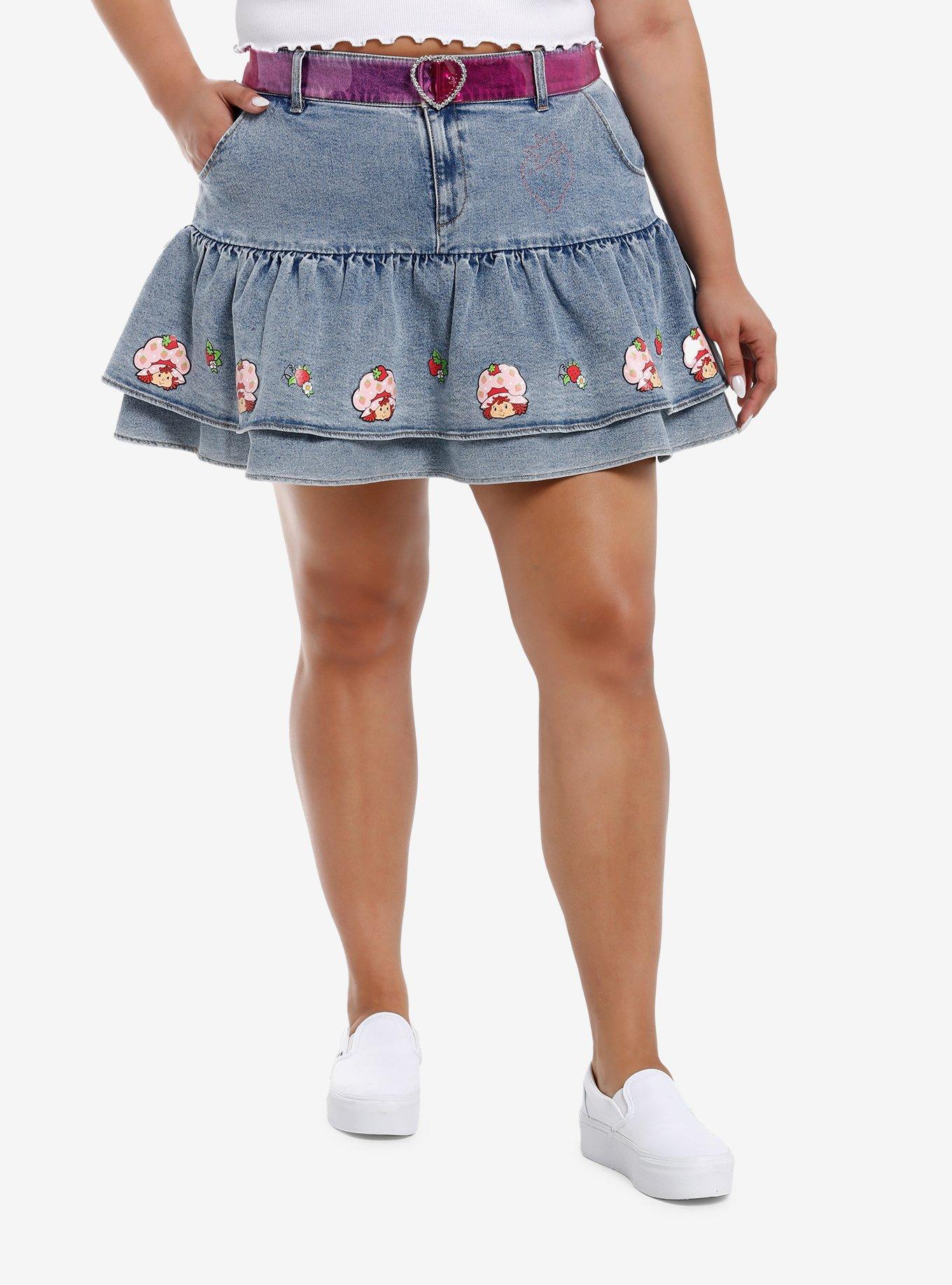 Strawberry Shortcake Pleated Denim Skirt With Belt Plus Size, , hi-res