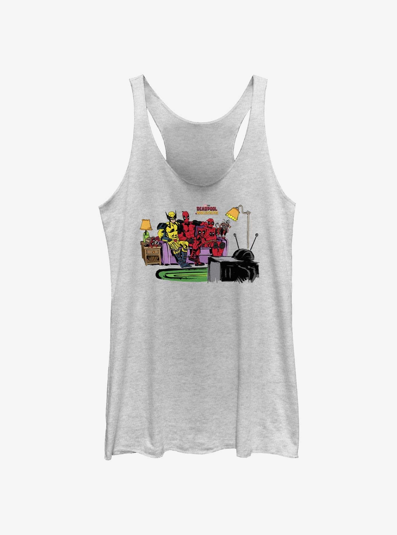Marvel Deadpool & Wolverine Watching TV Womens Tank Top, WHITE HTR, hi-res