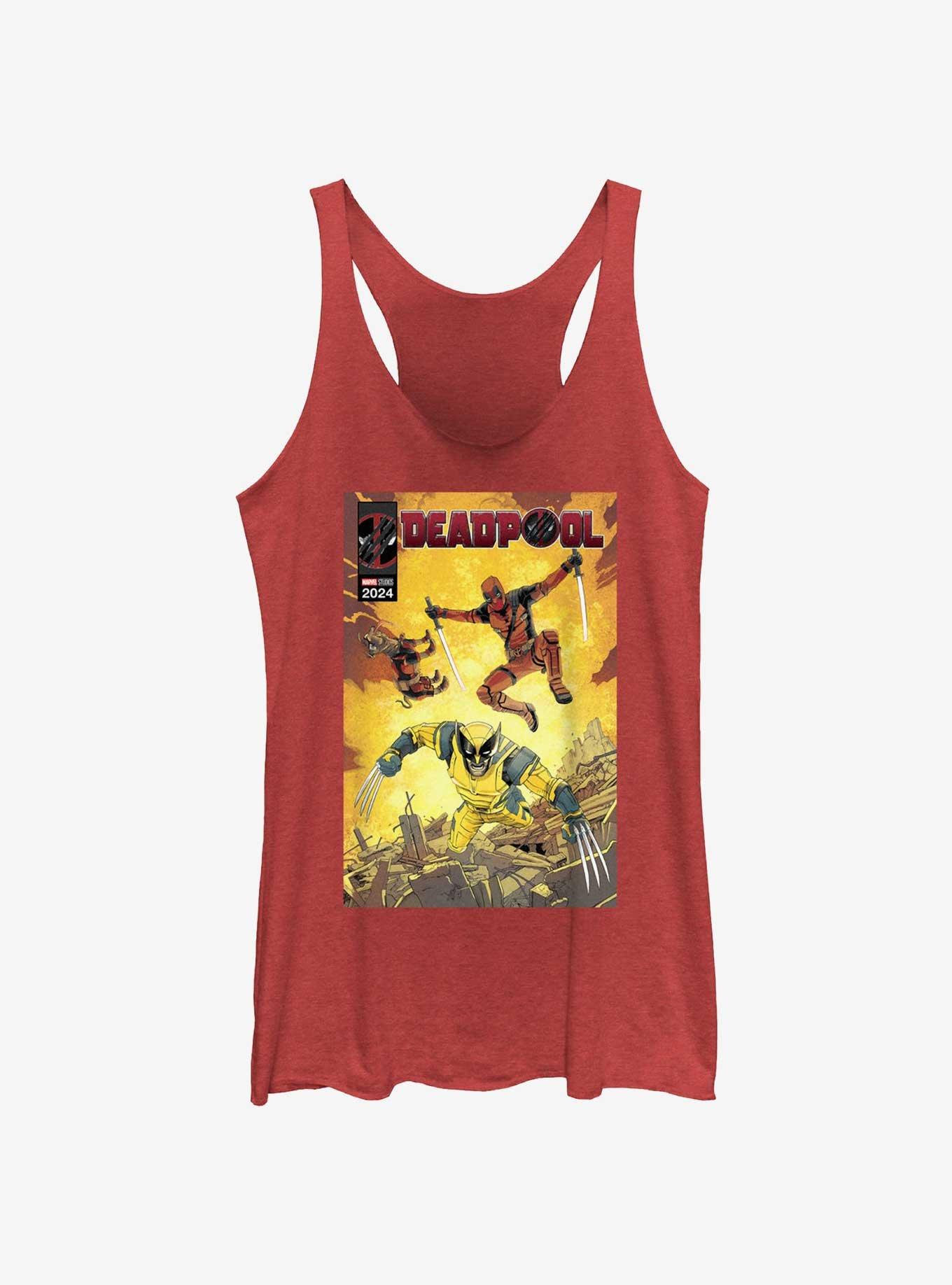 Marvel Deadpool & Wolverine Fighting Poster Womens Tank Top, RED HTR, hi-res
