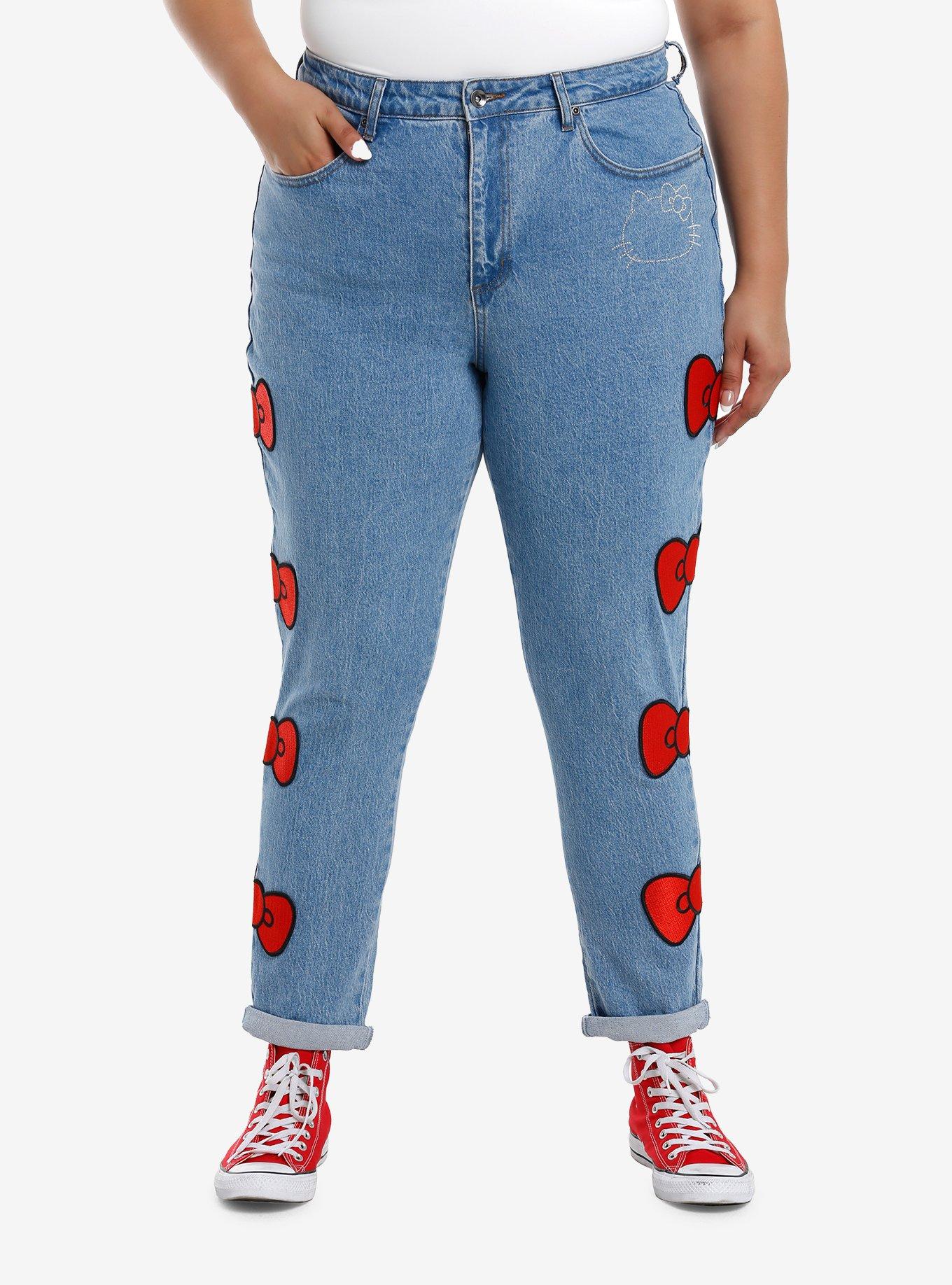 Hello Kitty Red Bow & Rhinestone Mom Jeans Plus Size, , hi-res