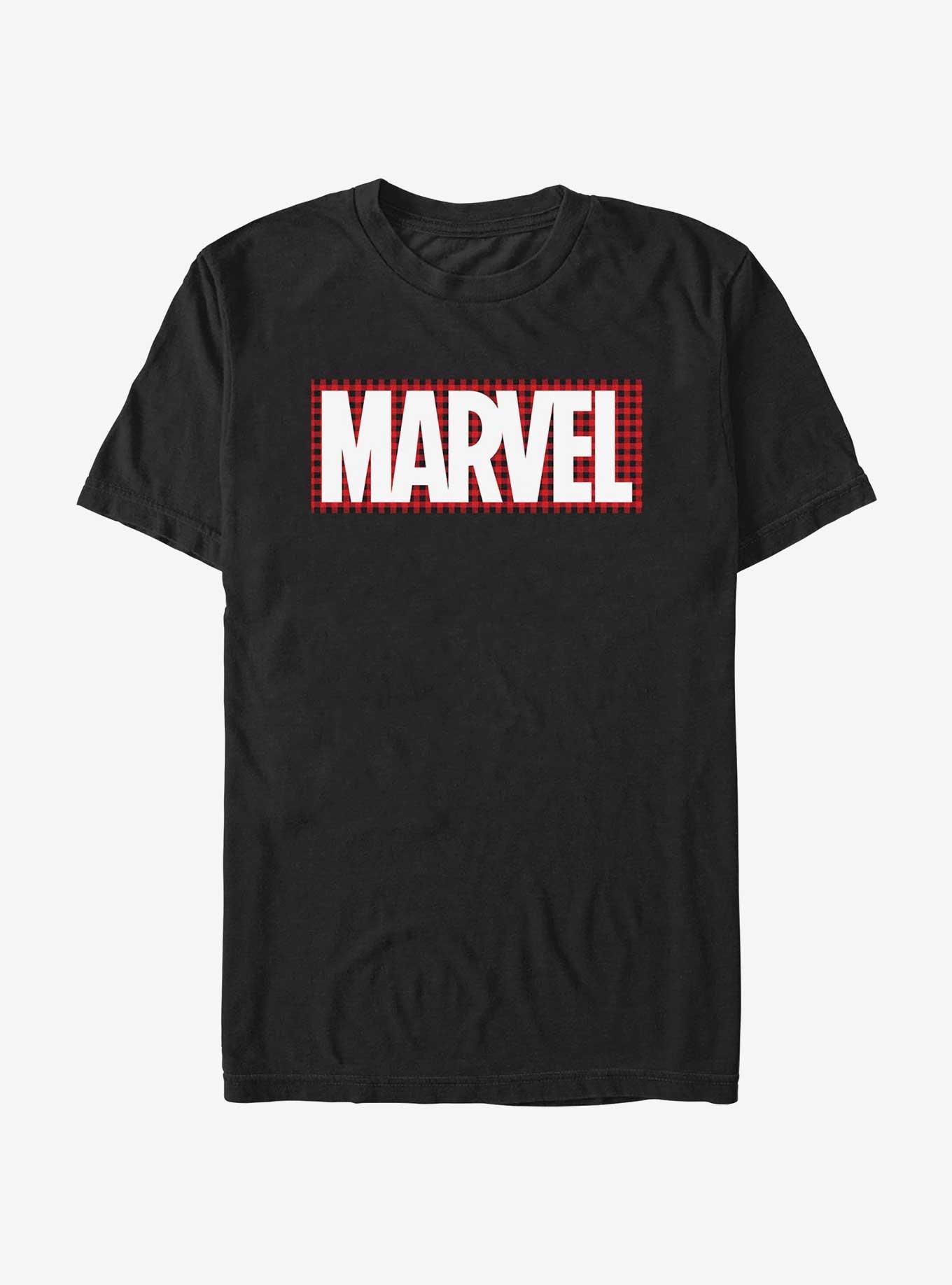 Marvel Plaid Logo T-Shirt, BLACK, hi-res