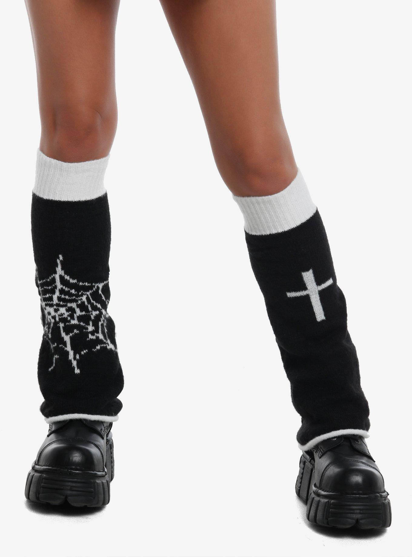 Black & White Spiderweb Cross Reversible Leg Warmers, , hi-res