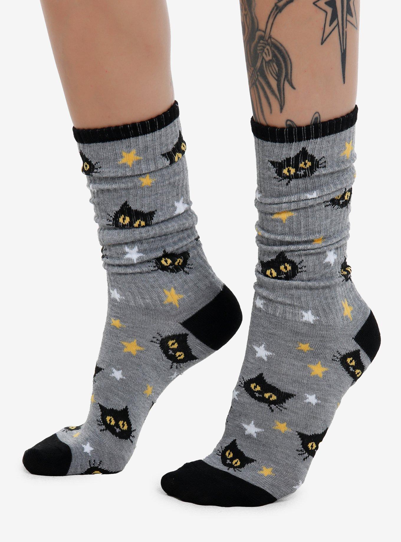 Grey Cat & Stars Slouch Socks